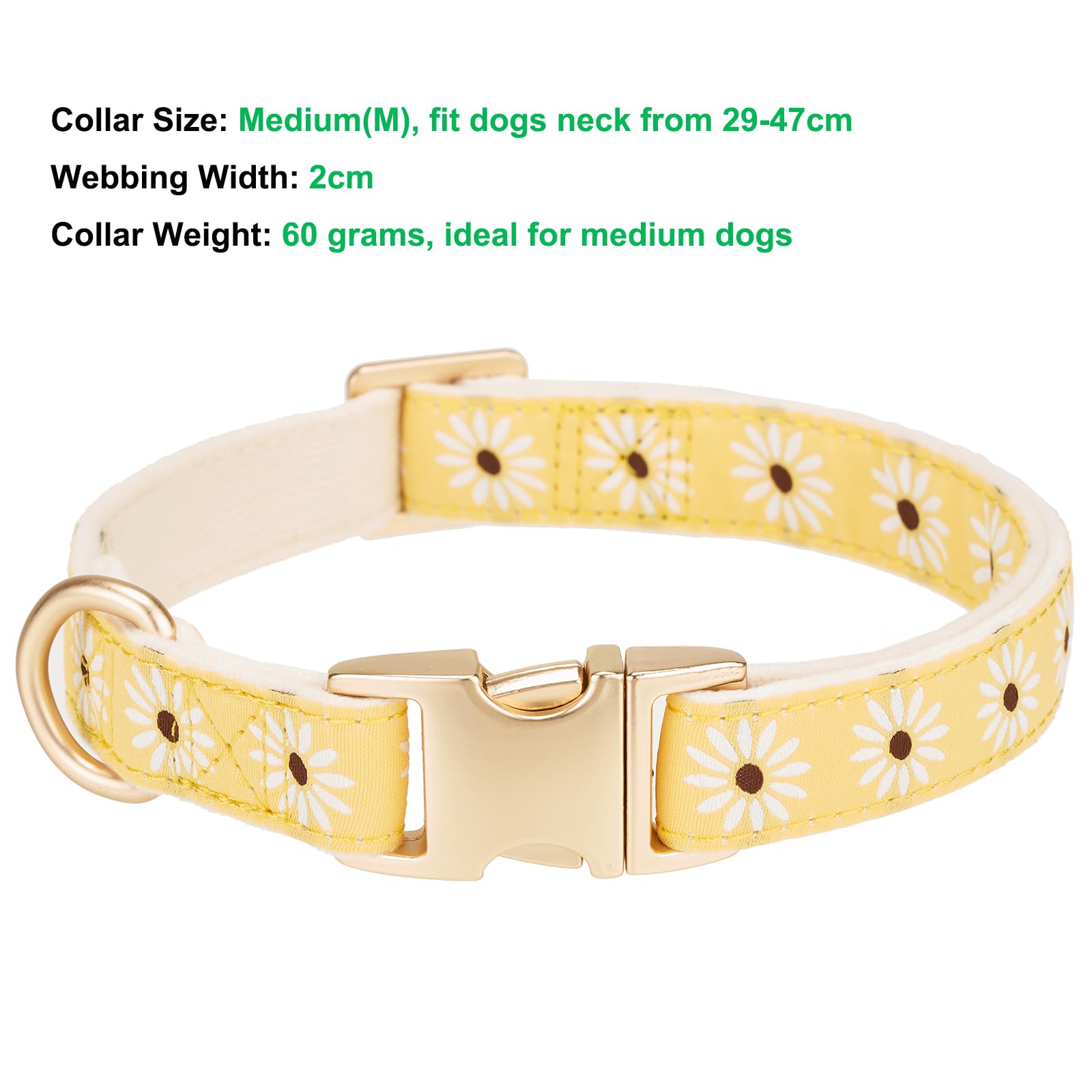 YUDOTE Soft Corduroy Dog Collar with Jacquard Ribbon Premium Patterned Floral Collars for Medium Dogs Daily Use,Yellow - Image 2
