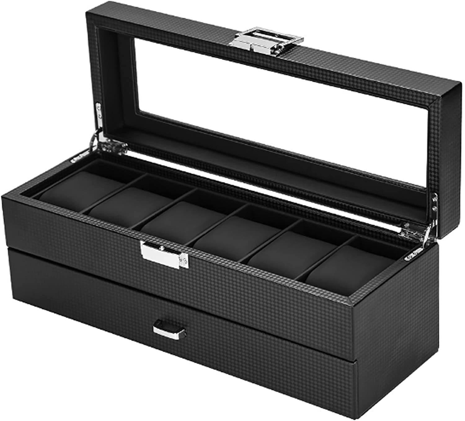 Uhren-Schmuck-Display-Box, doppellagige Kohlefaser-Schublade, Armbänder, Uhrenbox, Vitrine, Organizer mit transparenter Oberseite, Schmuckaufbewahrung, Vitrine für Quarzuhren, Schwarz