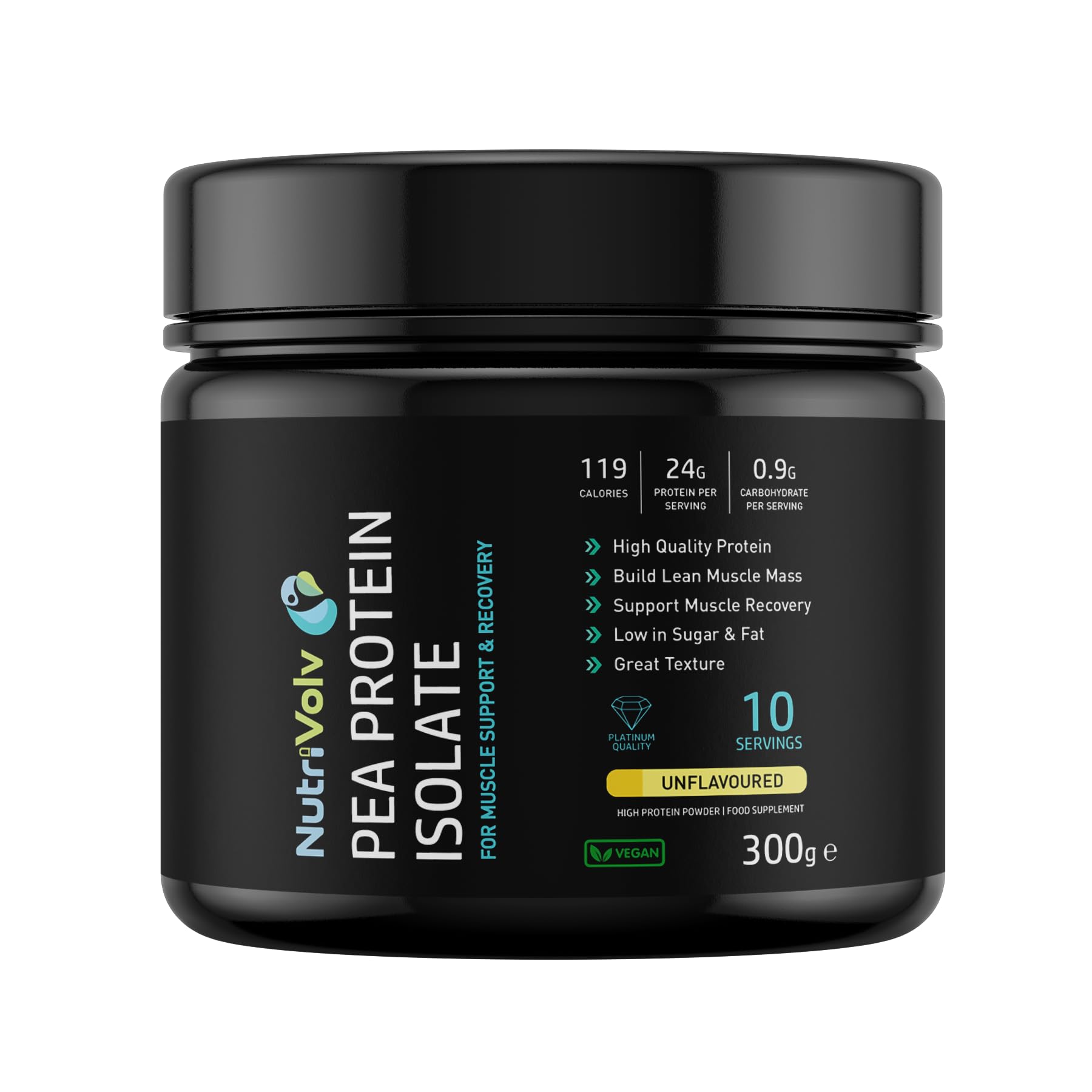 NutriVolv Vegan Pea Protein Isolate Powder | Unflavoured 300g | 10 Servings | Build Lean Muscle Mass | Supports Muscle Recovery | BCAA Amino Acids
