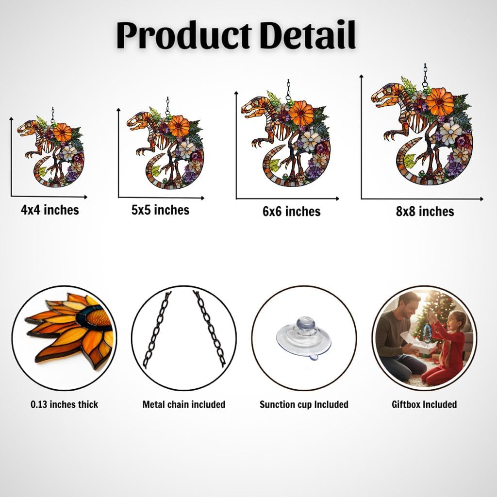 Floral Dinosaur Skeleton Acrylic Suncatcher Stained Glass Effect Window Car Hanging Christmas Ornament Indoor Outdoor Decor Garden Sun Catcher Panel for Floral Lover for Women Mom Grandma