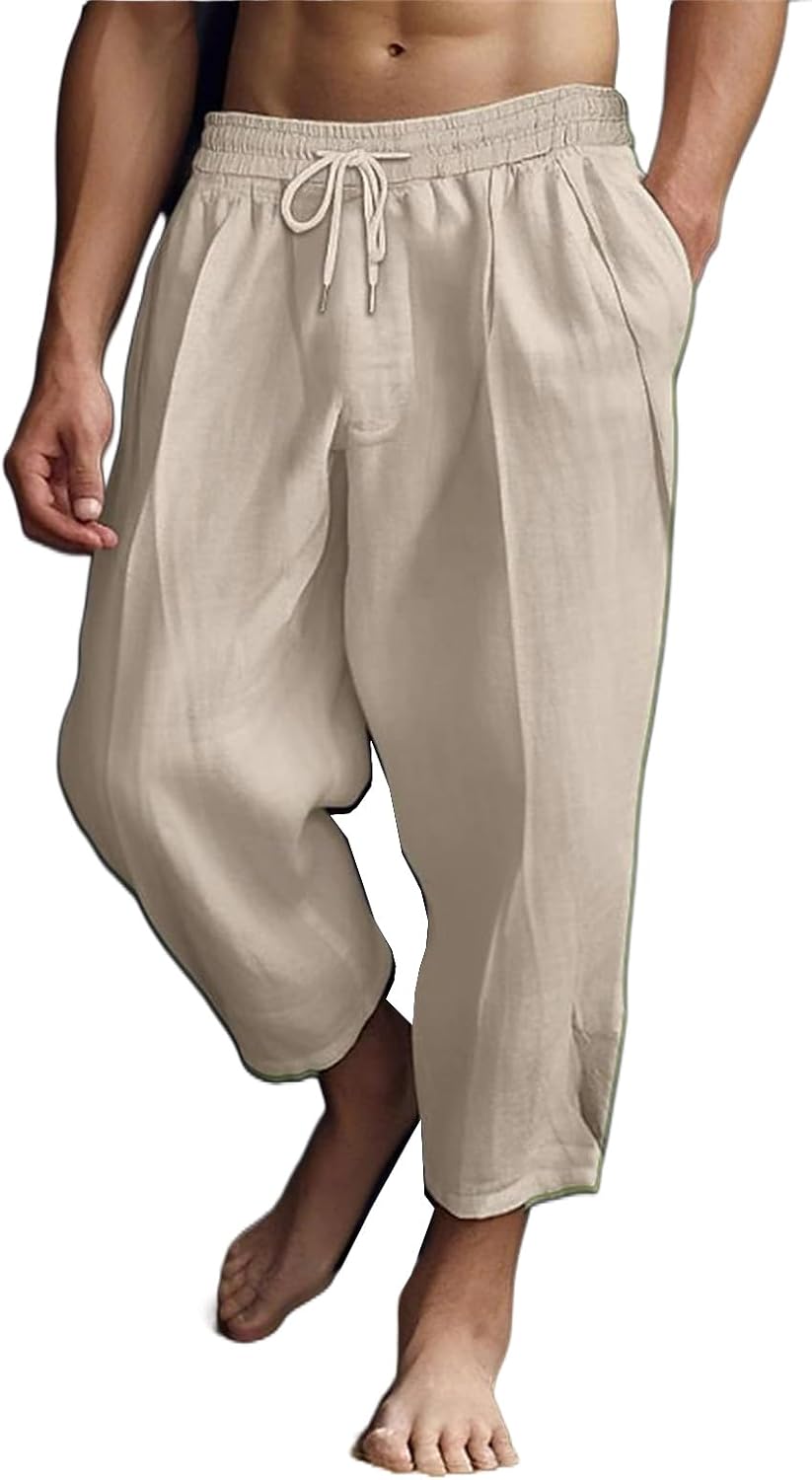 Men's Cotton Linen Harem Pants Stretch Drawstring Yoga Pants Lightweight Baggy Hippie Trousers for Beach Vacation