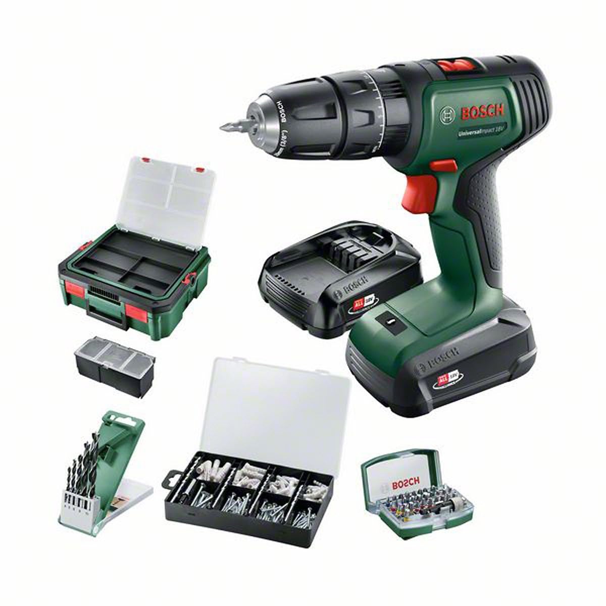 Bosch UniversalImpact 18V Akülü Darbeli Matkap, 2x 1,5Ah + 210 AC set + AL18V-20 in Systembox S