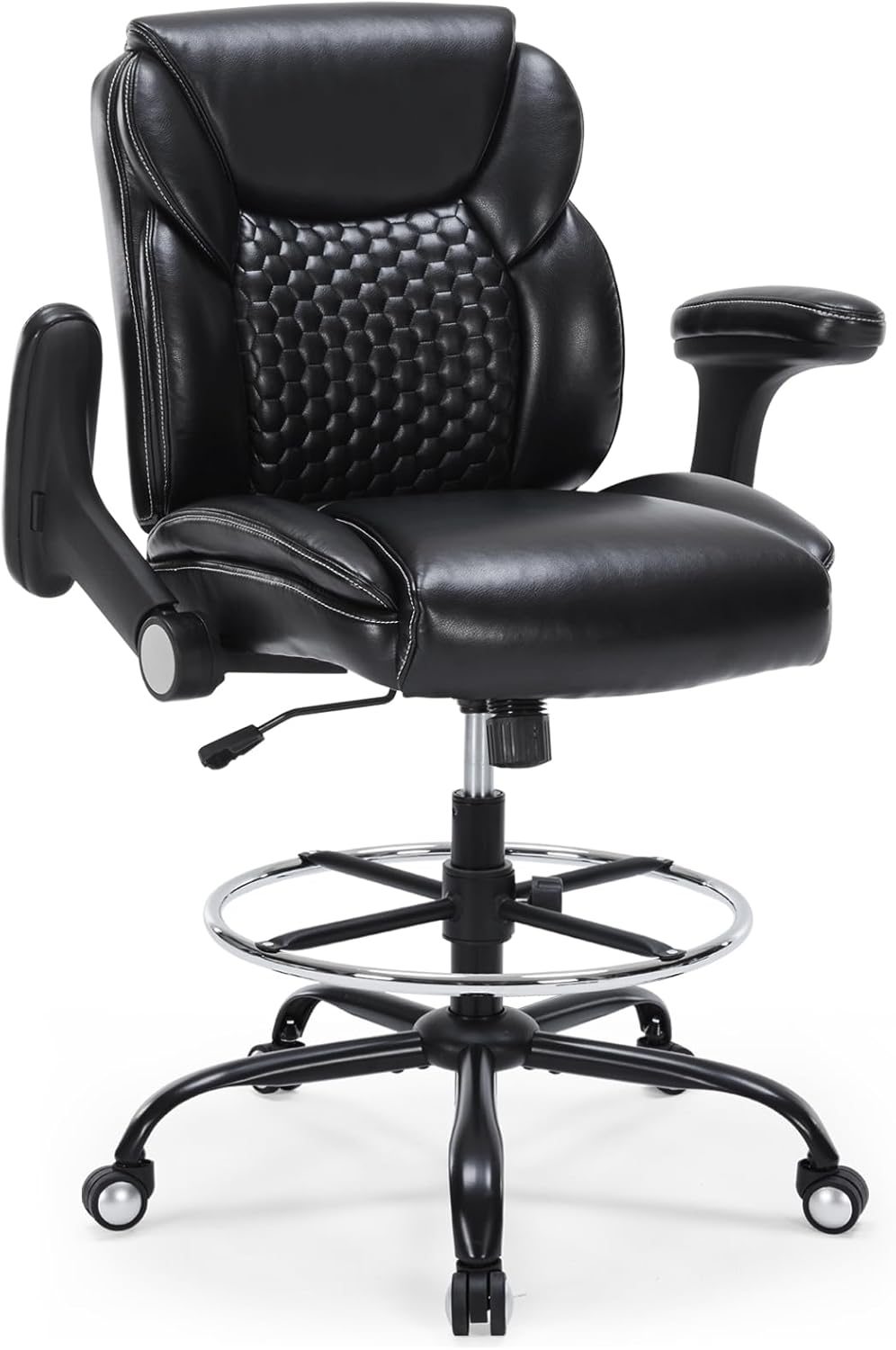 Drafting Chair, Tall Office Chair with Adjustable Armrests Mid-Back Standing Desk Chair with Footrest Ring, PU Leather High Executive Desk Chair Counter Height Office Chair for Home and Office, Black
