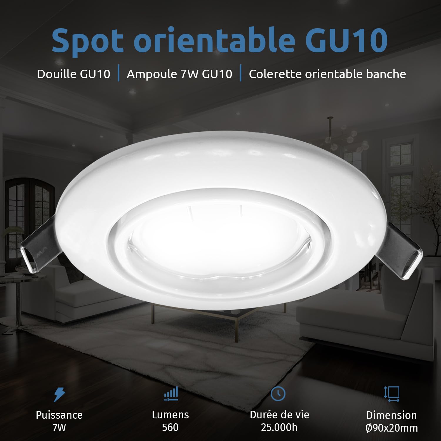 Europalamp 20 Spots encastrable orientable Blanc avec GU10 LED de 7W eqv. 56W Blanc Neutre 4500K