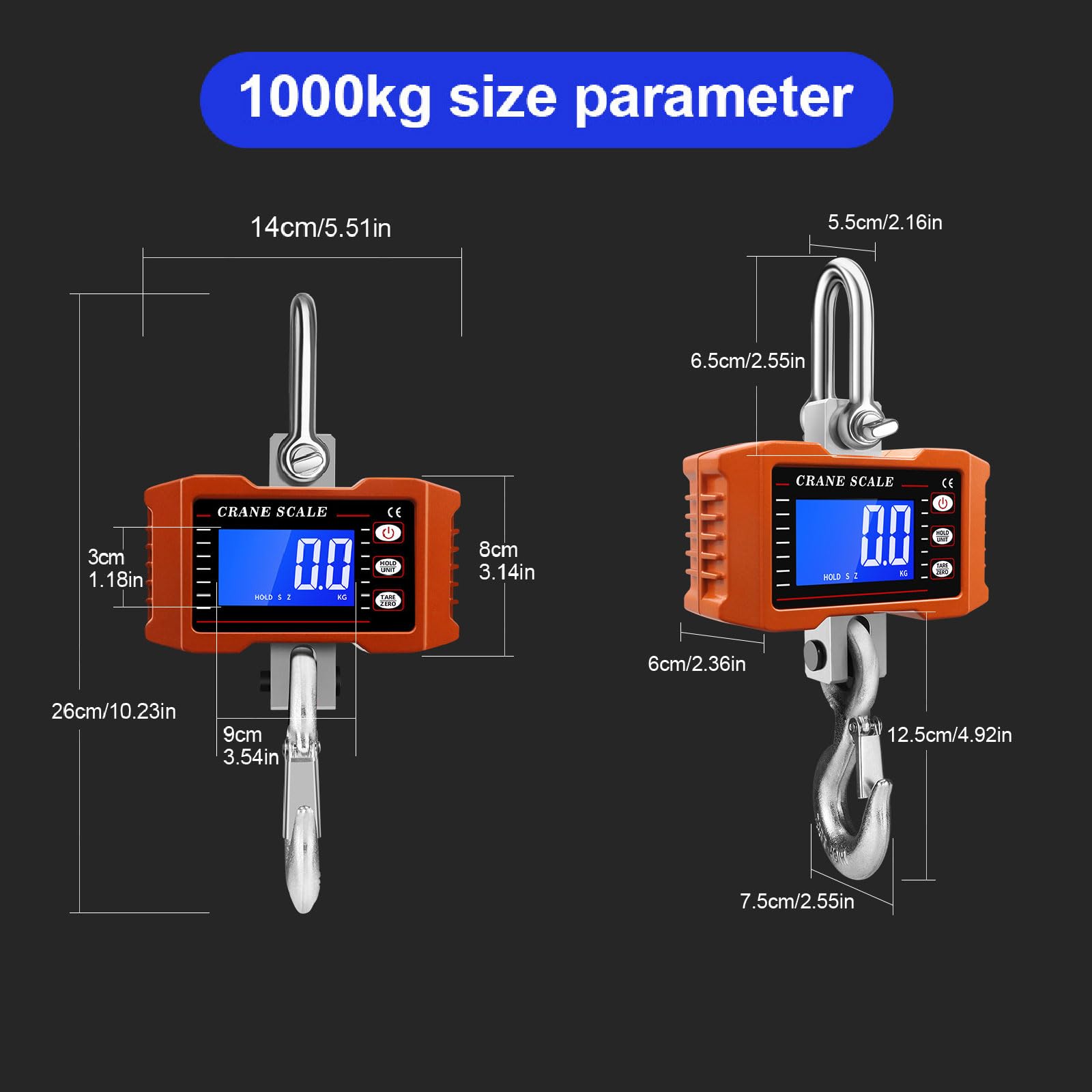 Tiandirenhe Bilancia digitale per gru da 1000 kg/2200 libbre, bilancia digitale per gru industriale resistente, retroilluminazione LCD con cambio unità/tenuta dati/tara/zero per fattoria, bestiame
