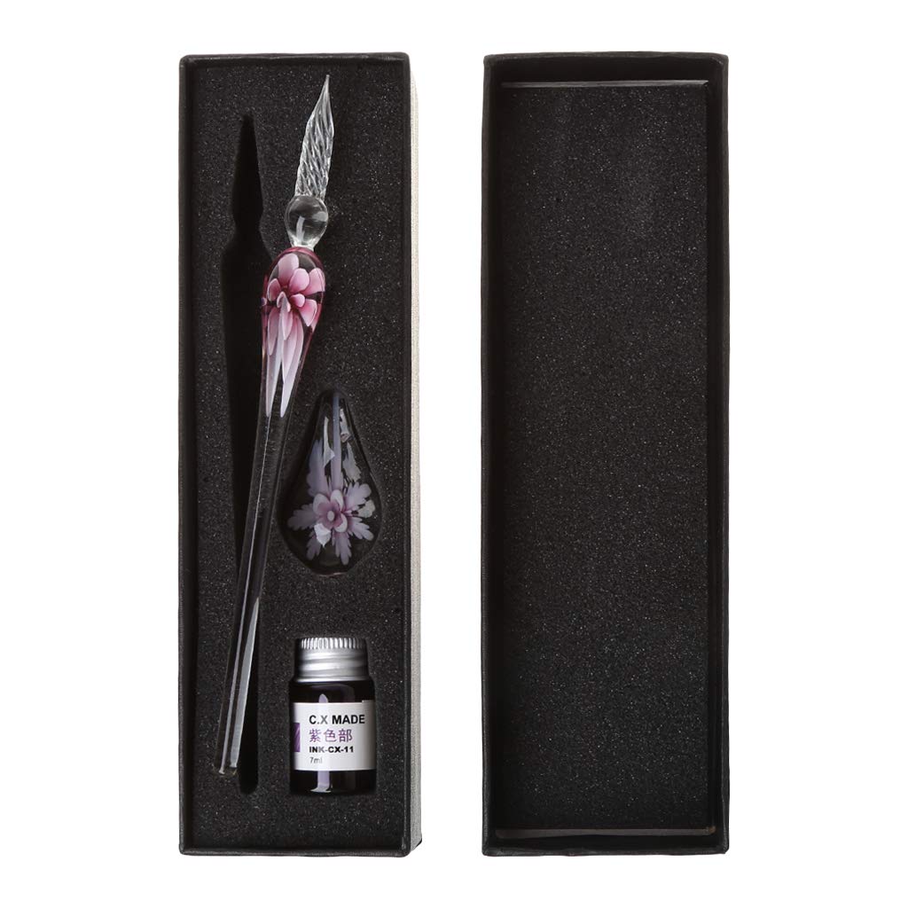 Vintage Handmade Art Elegant Crystal Floral Glass Dip Pen Sign Ink Pens Gift - Pink