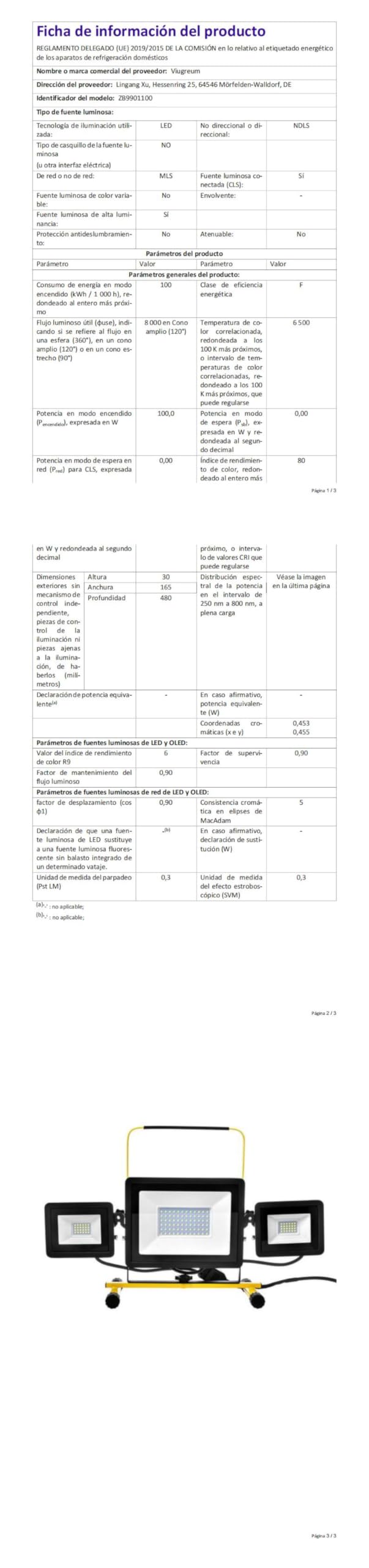 Viugreum Projecteur Led Chantier 100w 8000LM Luminaire Exterieur à Trois Têtes Avec Prise Câble de 3M Étanchéité IP65 Blanc Froid 6500K Portable Lampe Chantier pour Atelier Garage Construction