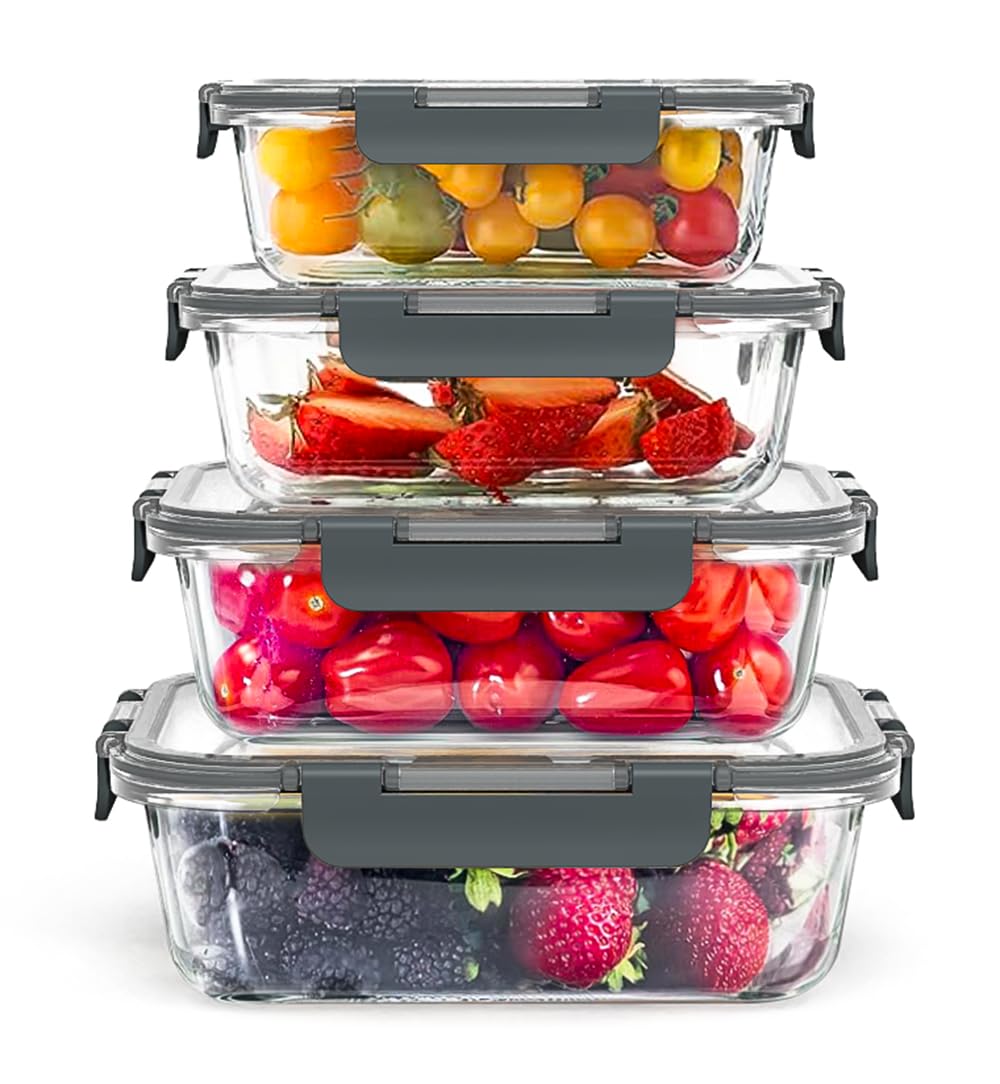 Leom Grey Glass Food Storage Containers Set With Lids – 4 Pack Meal Prep Containers, Bpa-Free, Airtight Leakproof Lunch Box Adult, Microwave Oven Airfryer Dishwasher & Freezer Safe