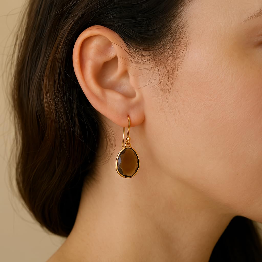 Orecchini Pendenti in Argento Sterling 925 Placcato Oro con Quarzo Fumé Naturale - Design Elegante e Raffinato per Donna - Gemme a Forma Libera Sfaccettate