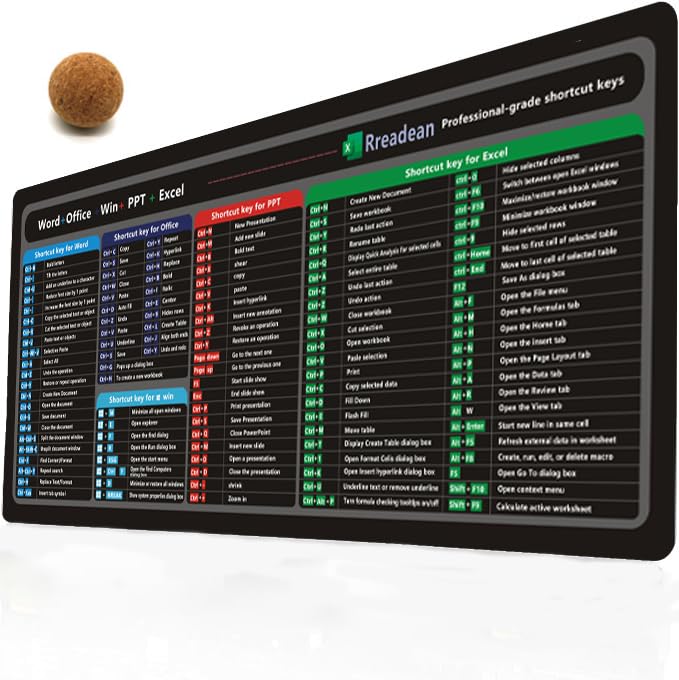 Large Waterproof Mouse Pad (Word+Win+Excel) with 1.2" Cork Massage Ball to Relieve Hand Tension – 35.45"x15.75" Non-Slip Excel Cheat Sheet Desk Mat