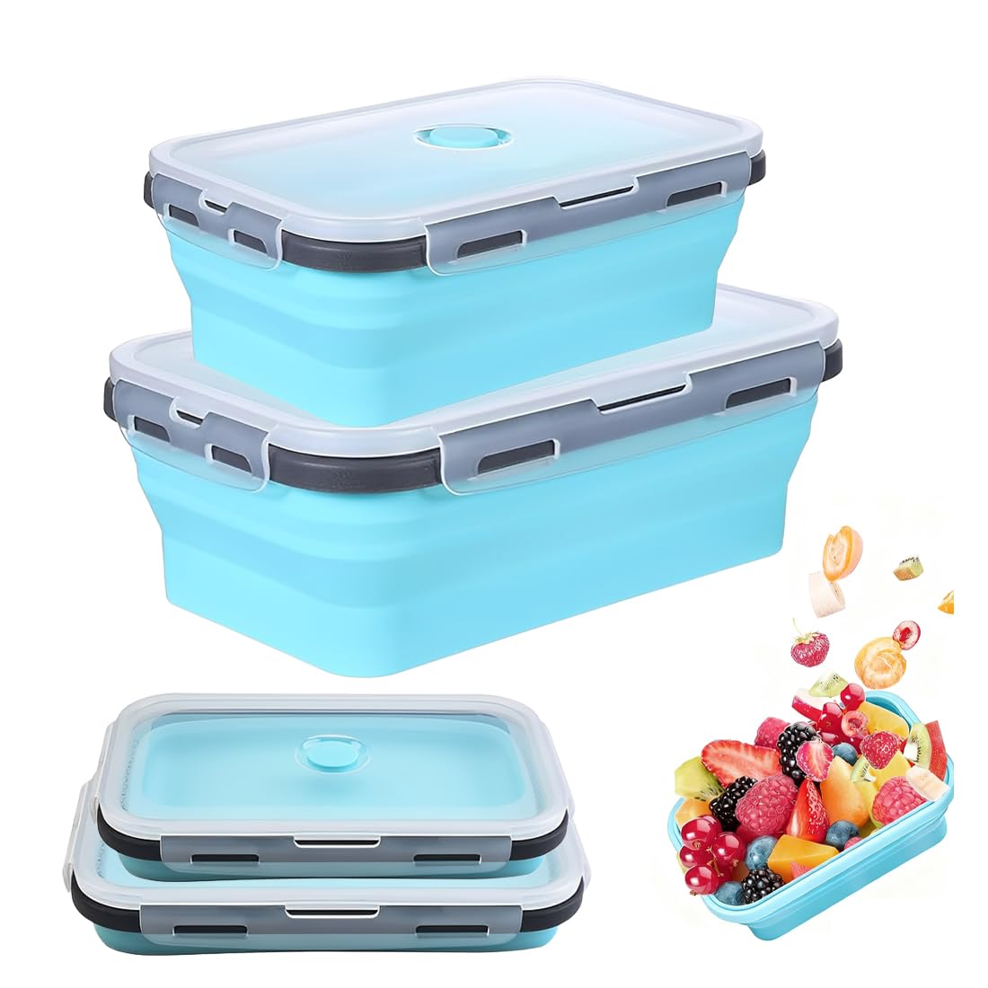 2 Pezzi Contenitori Pranzo Pieghevoli per Alimenti 800ML, 500ML, Contenitori per Alimenti, Portable Pranzo del Silicone, Set Contenitori Silicone per Alimenti Picnic Campeggio
