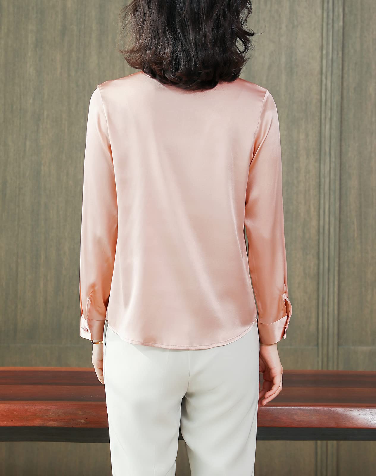 E-girl Blusa de seda para mujer, camisa de seda sólida, con botones, manga larga, cuello alto, blusa de seda, S6625