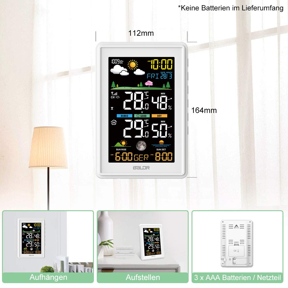 Konsen Wetterstation funk mit Außensensor Multifunktionale Funkwetterstation DCF Funkuhr Digital Thermometer Hygrometer mit Wettervorhersage, Weiß