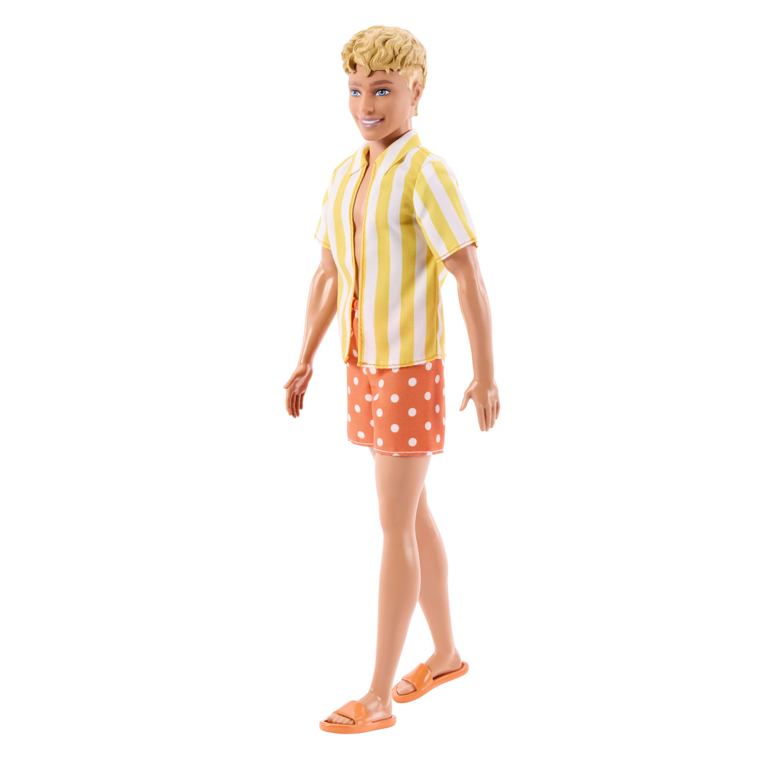 Barbie Ken Fashionistas Lalka modowa #252, blond włosy, pomarańczowe szorty w kropki, żółta koszulka w białe paski i pomarańczowe klapki, zabawka dla dzieci 3+, JJN66