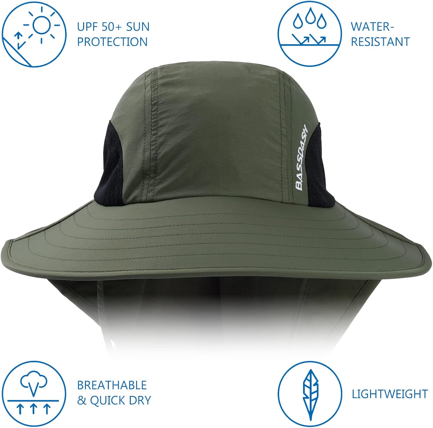 BASSDASH UPF 50+ Unisex Water Resistant Wide Brim Sun Hat with Large Neck Flap Ponytail Fishing Hat for Men Women