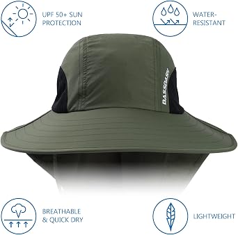 BASSDASH UPF 50+ Unisex Water Resistant Wide Brim Sun Hat with Large Neck Flap Ponytail Fishing Hat for Men Women