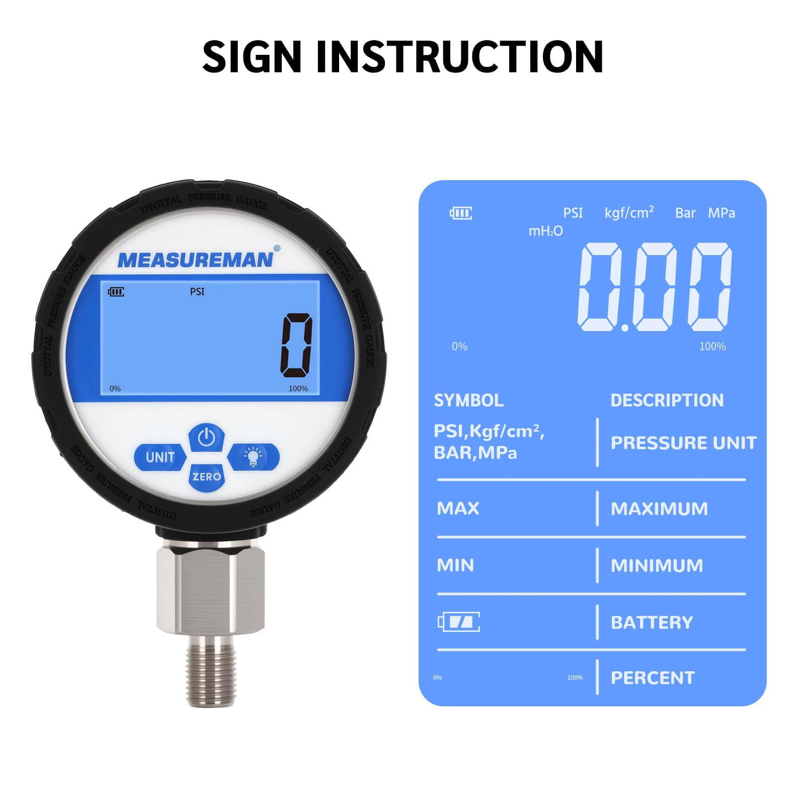 Manomètre hydraulique industriel numérique, cadran 80 mm, raccord inférieur G1/4", boîtier et raccord en acier inoxydable, 0-700 bar, précision 0,4%, alimenté par batterie, avec éclairage LED