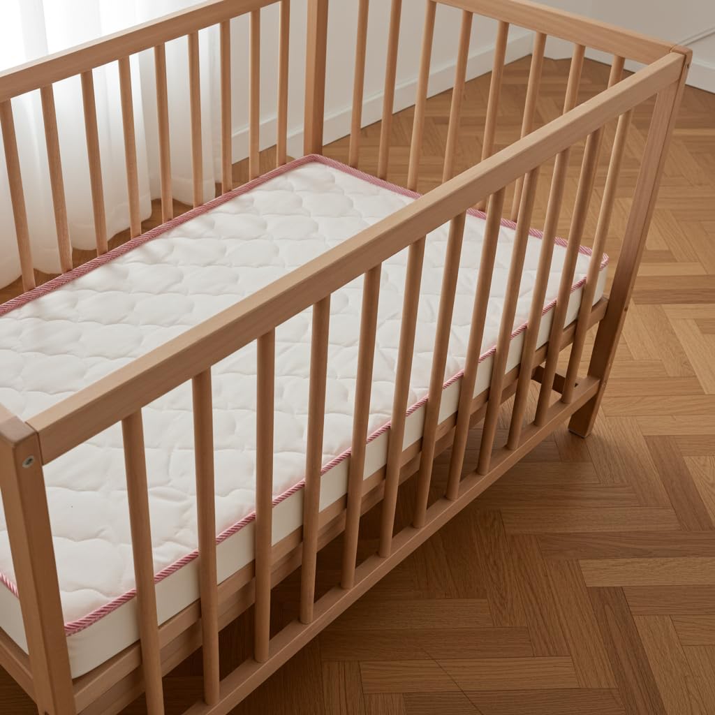 Babysom - Matelas Bébé 60x120 cm - Réversible Été/Hiver - Face Été Respirante & Face Hiver Ouatinée - Épaisseur 8 cm - sans Traitement Chimique - Certifié Oeko-Tex - Ganse Rouge