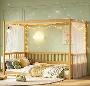 Bellemave Twin Canopy Bed Frame, Wood Montessori House Floor Bed for Kids, Natural