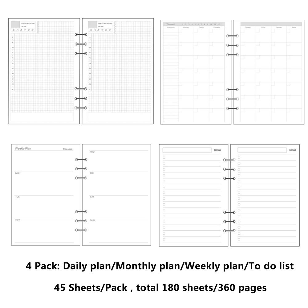 DEBON A5 Size 6-Holes Loose Leaf Binder Paper Refills Set for Planner Journal Notebook Daily Weekly Monthly Plan to Do List Undated Inner Papers DIY Refillable Agenda Schedule 4 Packs / 180 Sheets