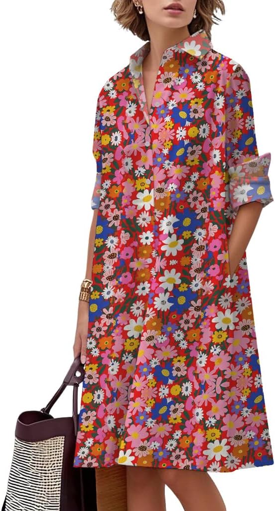 MARSVOVO Womens Linen Long Sleeve Midi Printed Button Down Shirt Dress Plus Size Loose Shirt Dresses for Women with 2 Pockets