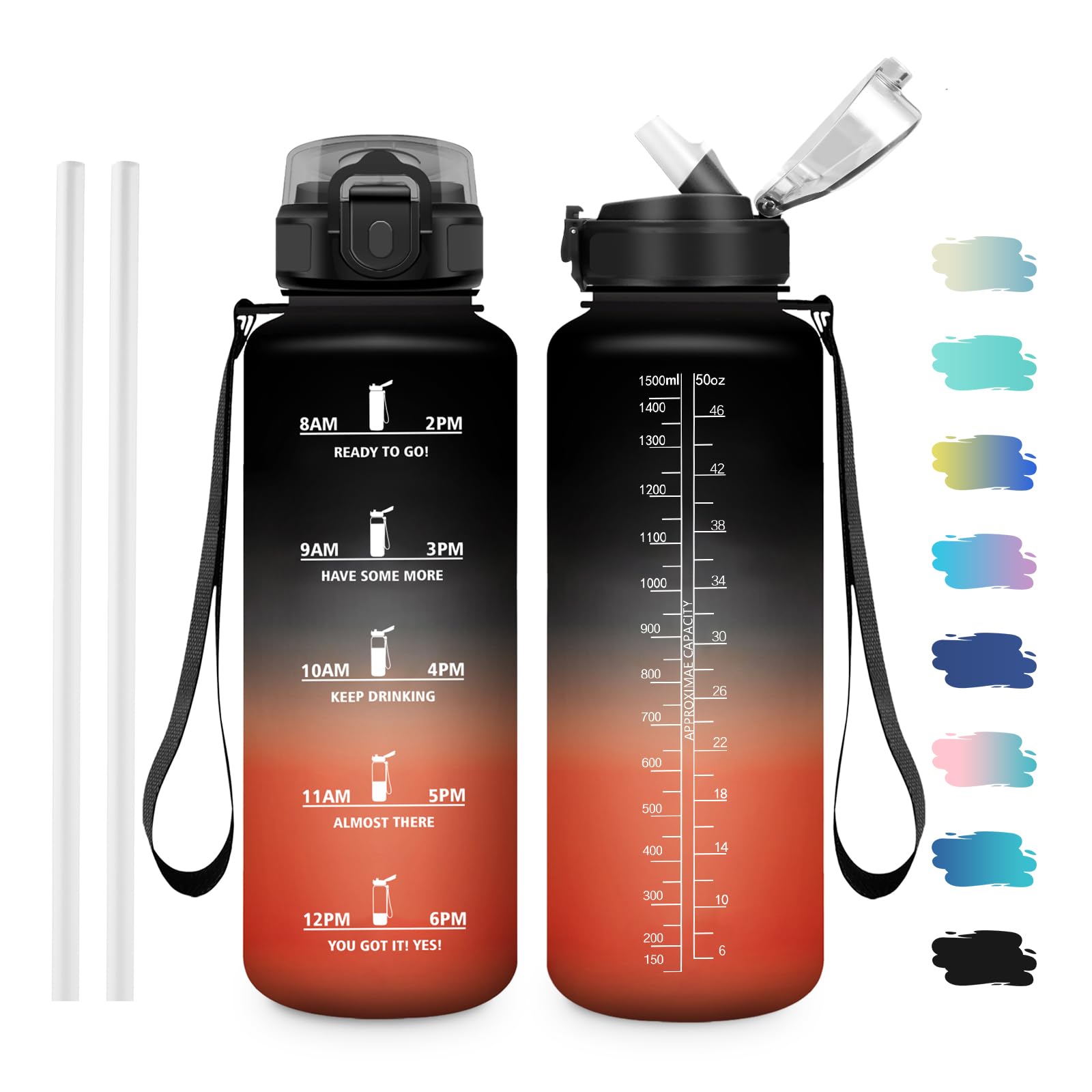 JAPORIA 1.5L Water Bottle with Straw and Time Marker, BPA Free Water Bottles for Students, Gym, Office, Yoga