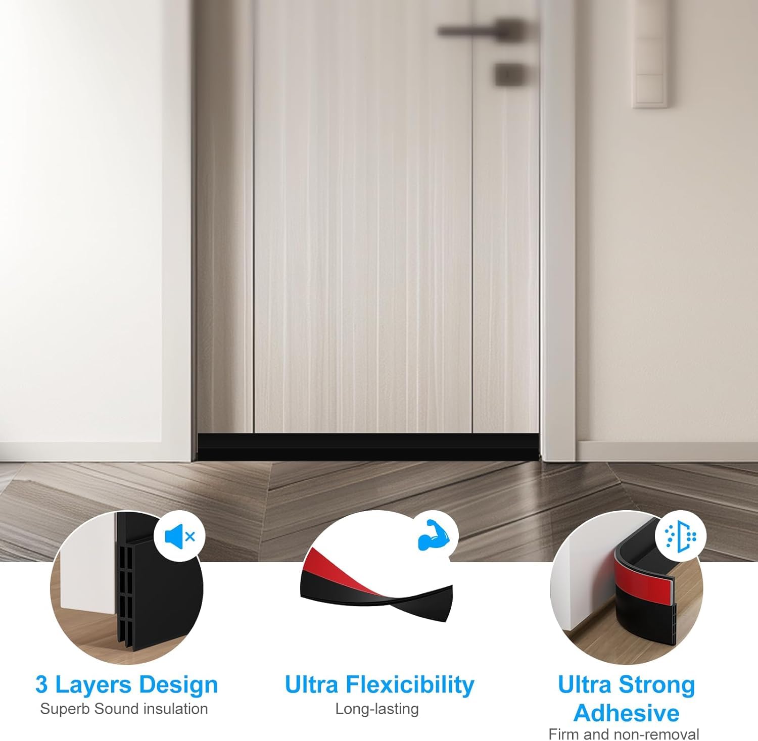EXTSUD Adhesive Under Door Sweep Weather Stripping Soundproof Rubber Bottom Seal Strip Draft Stopper Draught Excluder, 39" Length x 2" Width (1M Black) 3