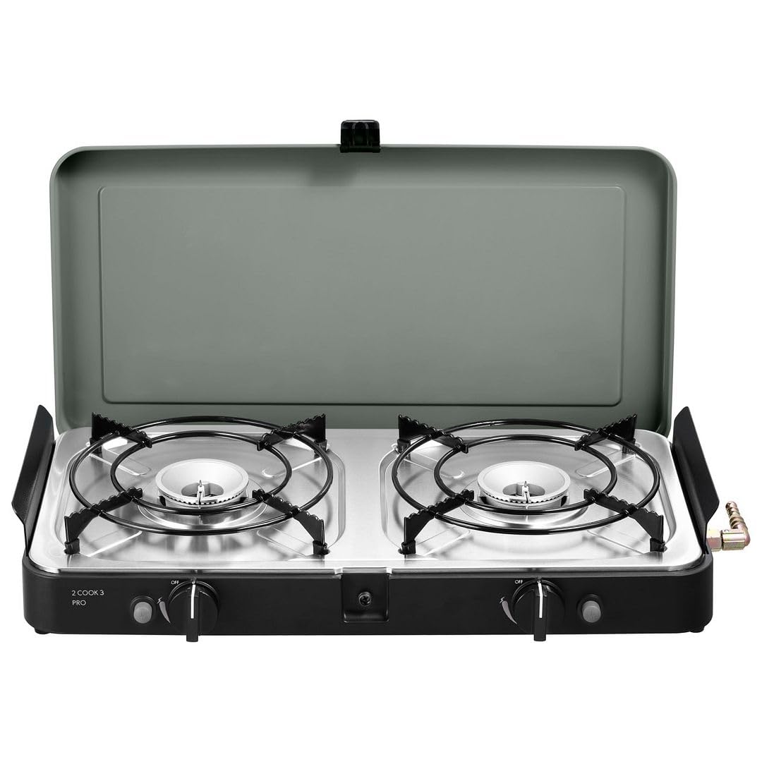 Parrilla de mesa portátil a gas CADAC 2-Cook 3 Pro – Estufa de camping 2 quemadores con encendido piezoeléctrico – Parrilla con cortavientos y bolsa de almacenamiento - Uso en exteriores