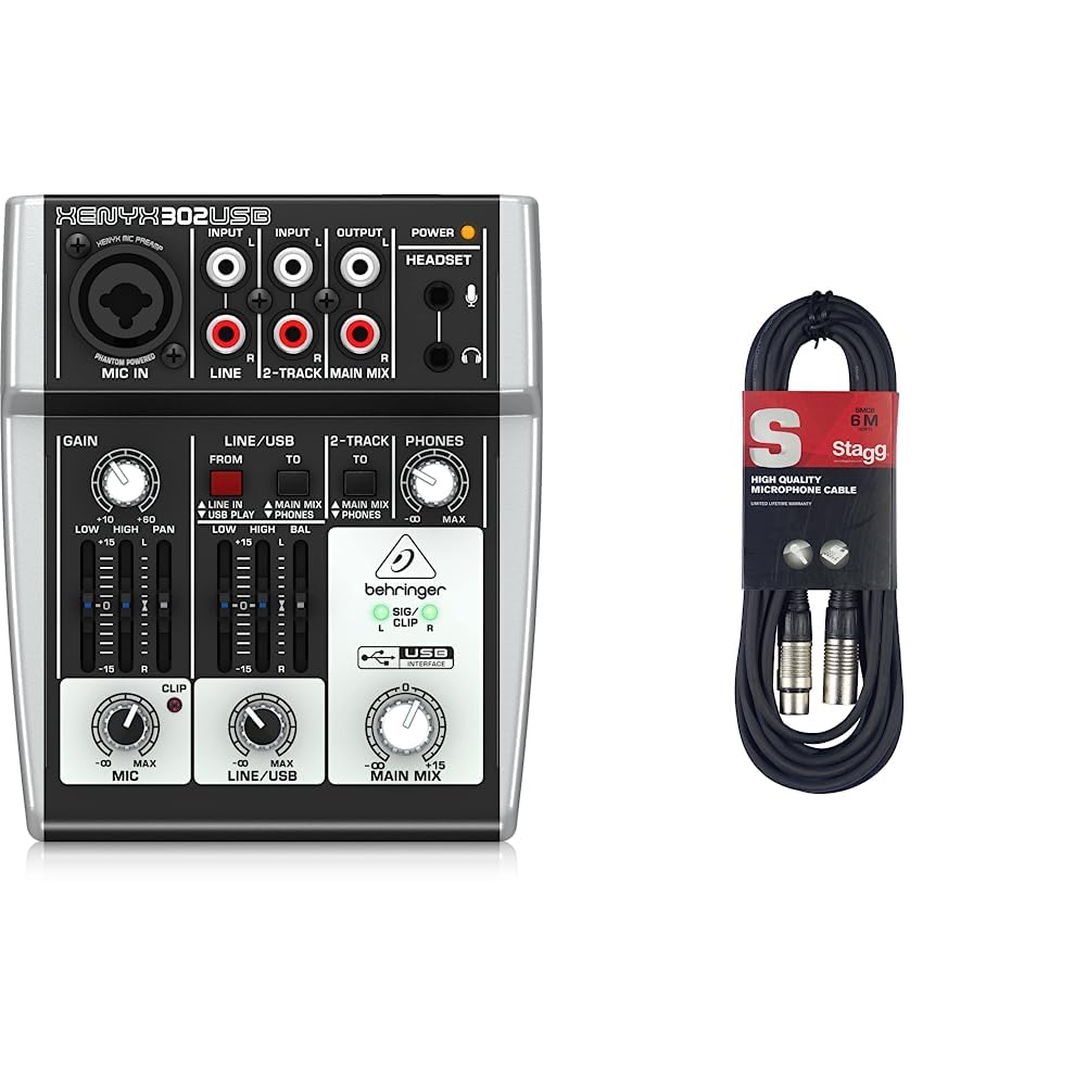 Behringer 302USB Mixer premium a 5 ingressi con preamplificatore microfonico XENYX e interfaccia USB/audio & Cavo da microfono a mixer Stagg SMC6 da 6 metri XLR (m) -XLR (f), nero