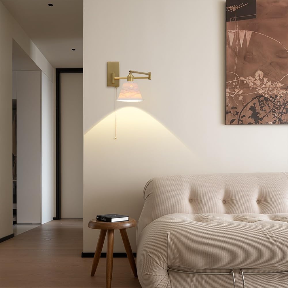 Aplique de Pared de cerámica Blanca con Brazo oscilante, lámpara Dorada con Cadena de Tiro, Apliques Modernos con cableado Fijo para Sala de Estar, Dormitorio, Hotel u Oficina (A)