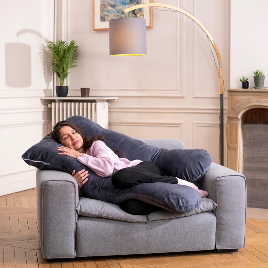 Chillow Coussin Ergonomique pour l'ensemble Corps - Coussin Maternité et Coussin Grossesse pour Dormir, Coussin en Forme de U, Soutien pour Le Dos, Les Hanches, Les Jambes, Le Ventre (Gris (Velours))