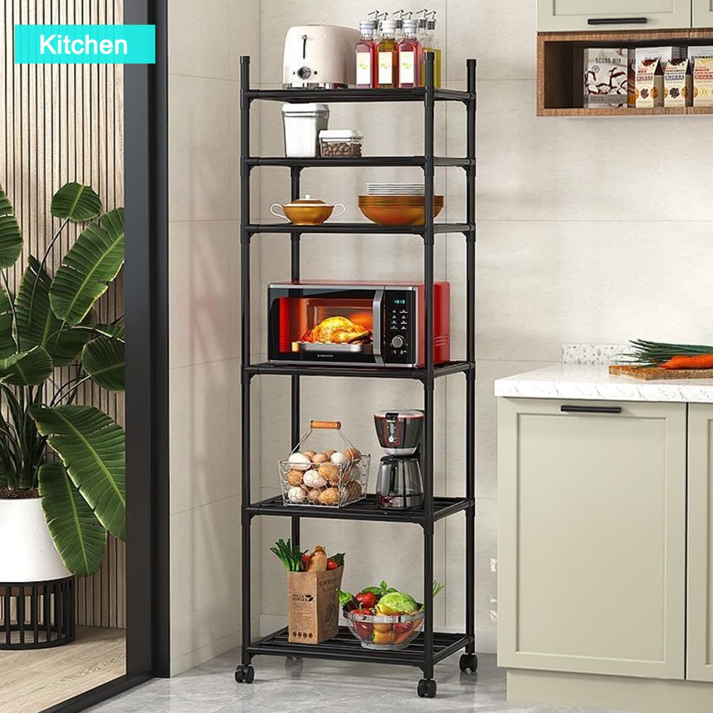 Étagère Noire, 42 x 32 x 165 cm, Étagère Haute et Étroite à 6 Niveaux avec Roulettes et Pieds Antidérapants, Étagère Réglable et Meuble de Rangement pour Garage, Salle de Bain, Cuisine, Angle