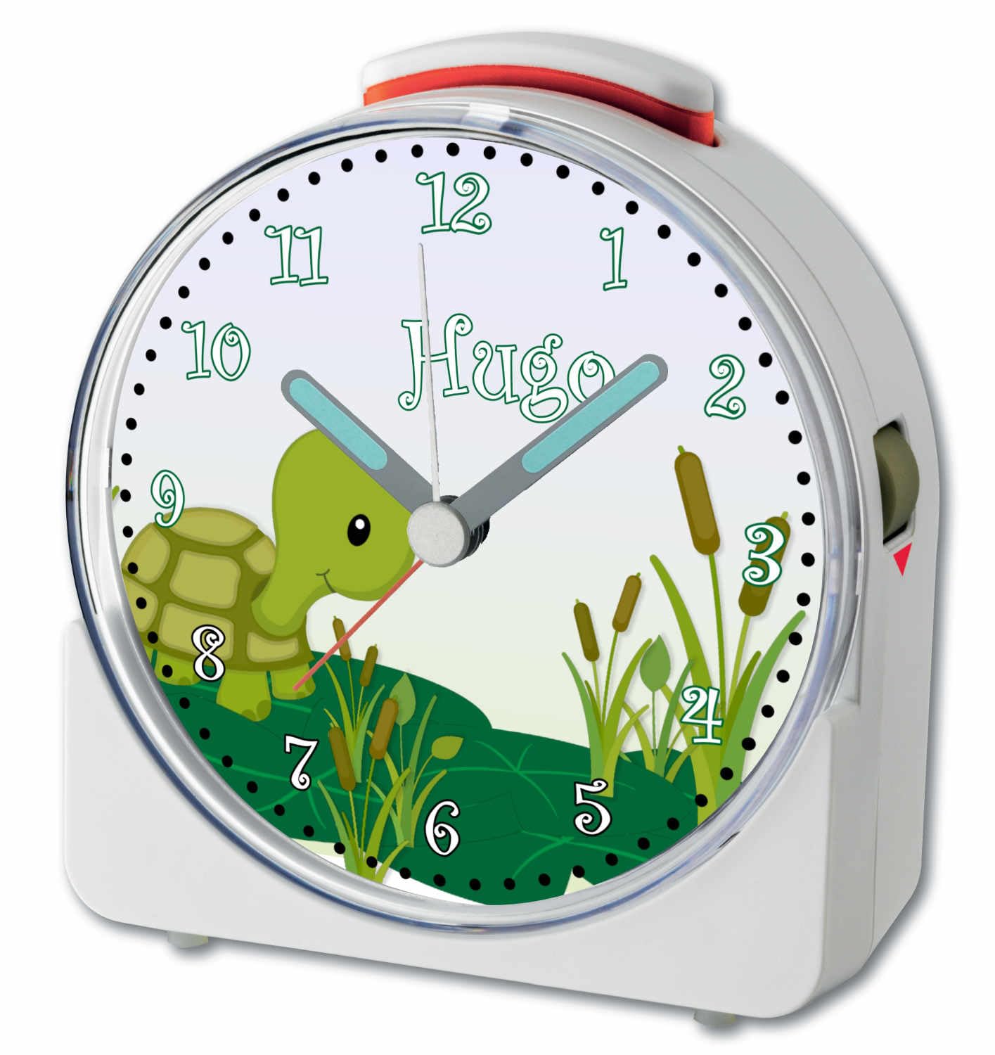 WU-71-1085, Schildkröte, analog Kinderwecker weiß, Funkwecker mit Sweep-Uhrwerk und fluoreszierenden Zeiger und Licht, personlisiert mit Namen, 10,2 x 4,6 x 11 cm