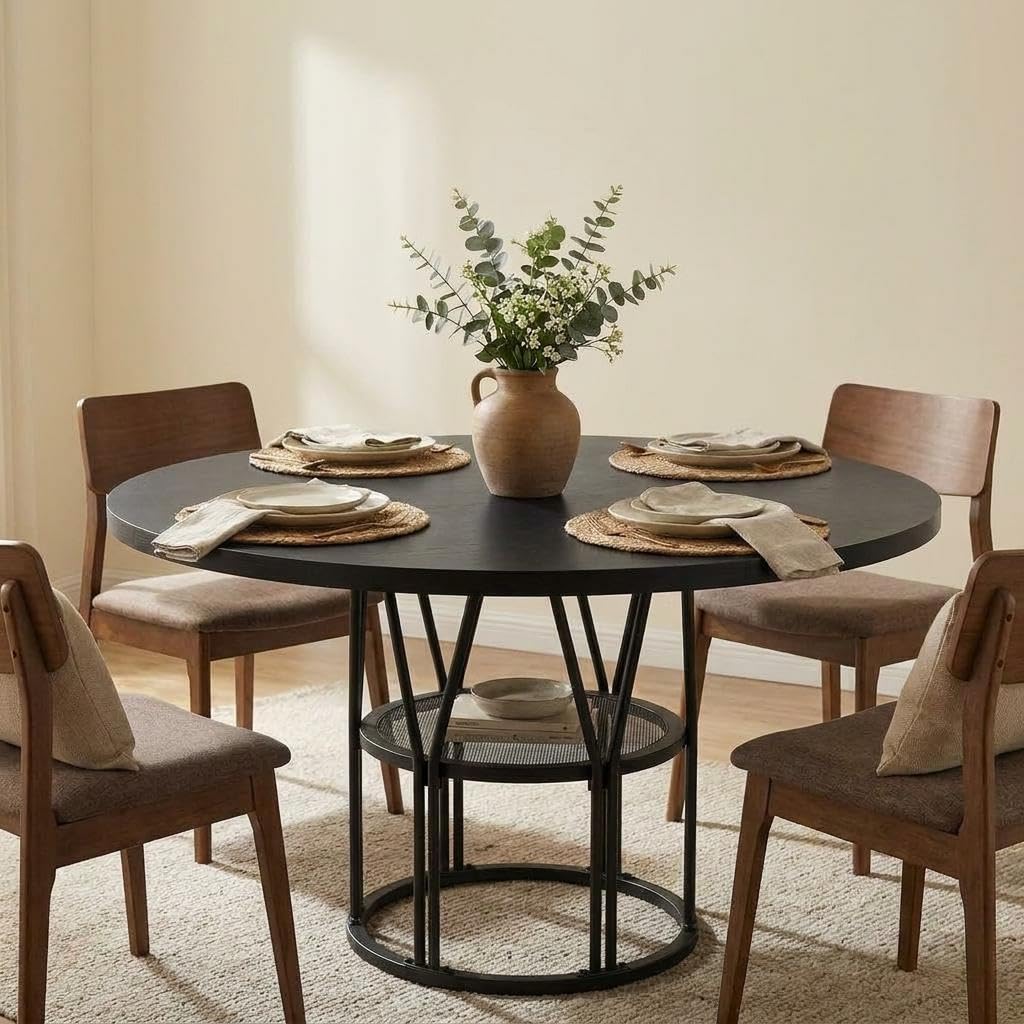 Round Dining Table, 120 cm Circle Dinner Table with Thickened Table Board, Sturdy Metal Frame, Adjustable Foot Pads, Round Wooden Kitchen Table with Large Storage Space, for Dining Room, Living Room