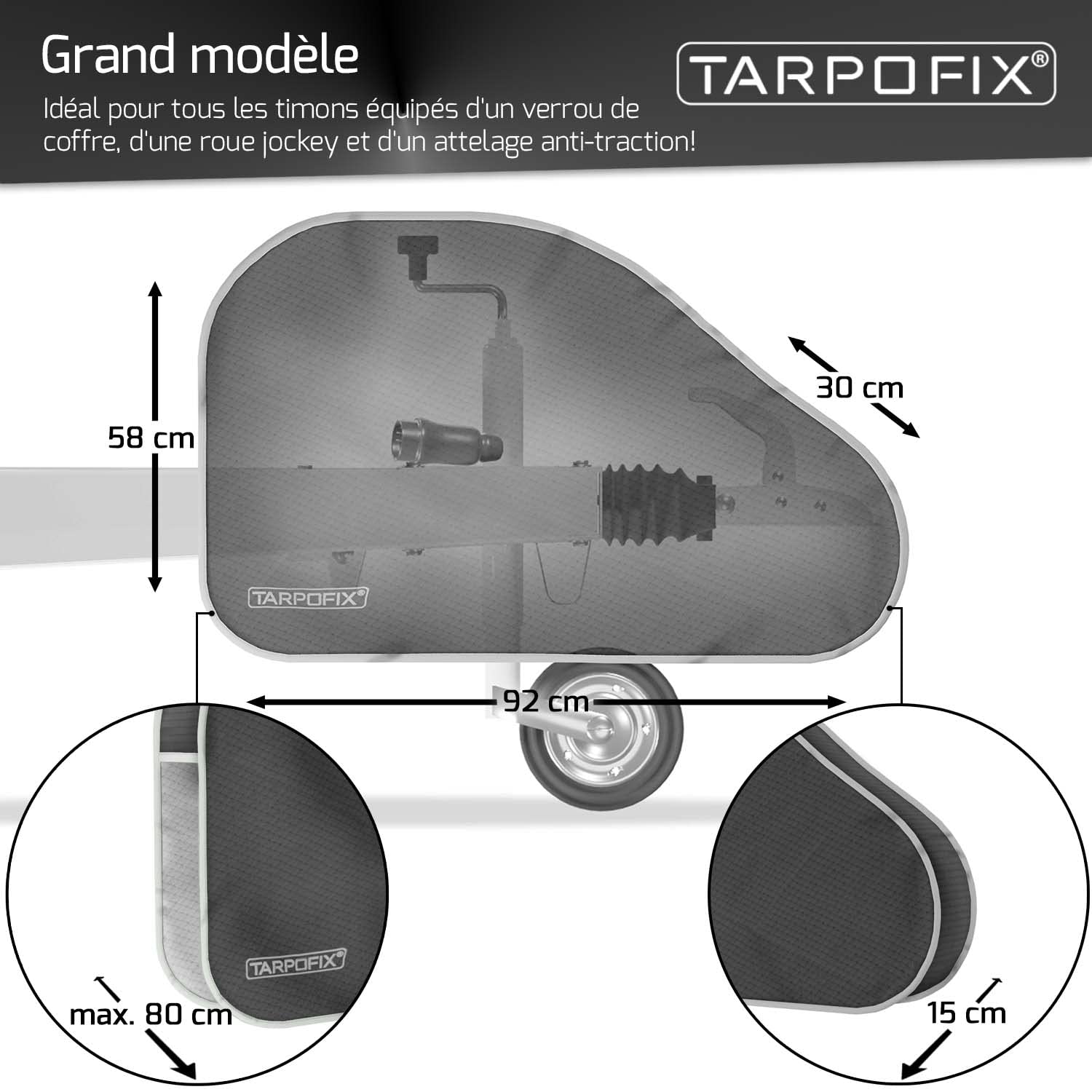 Tarpofix® Housse de Timon avec Fermeture à Double clic - Couverture de Barre d'attelage Universelle pour caravanes de Grande Taille - Couverture d'attelage pour remorques
