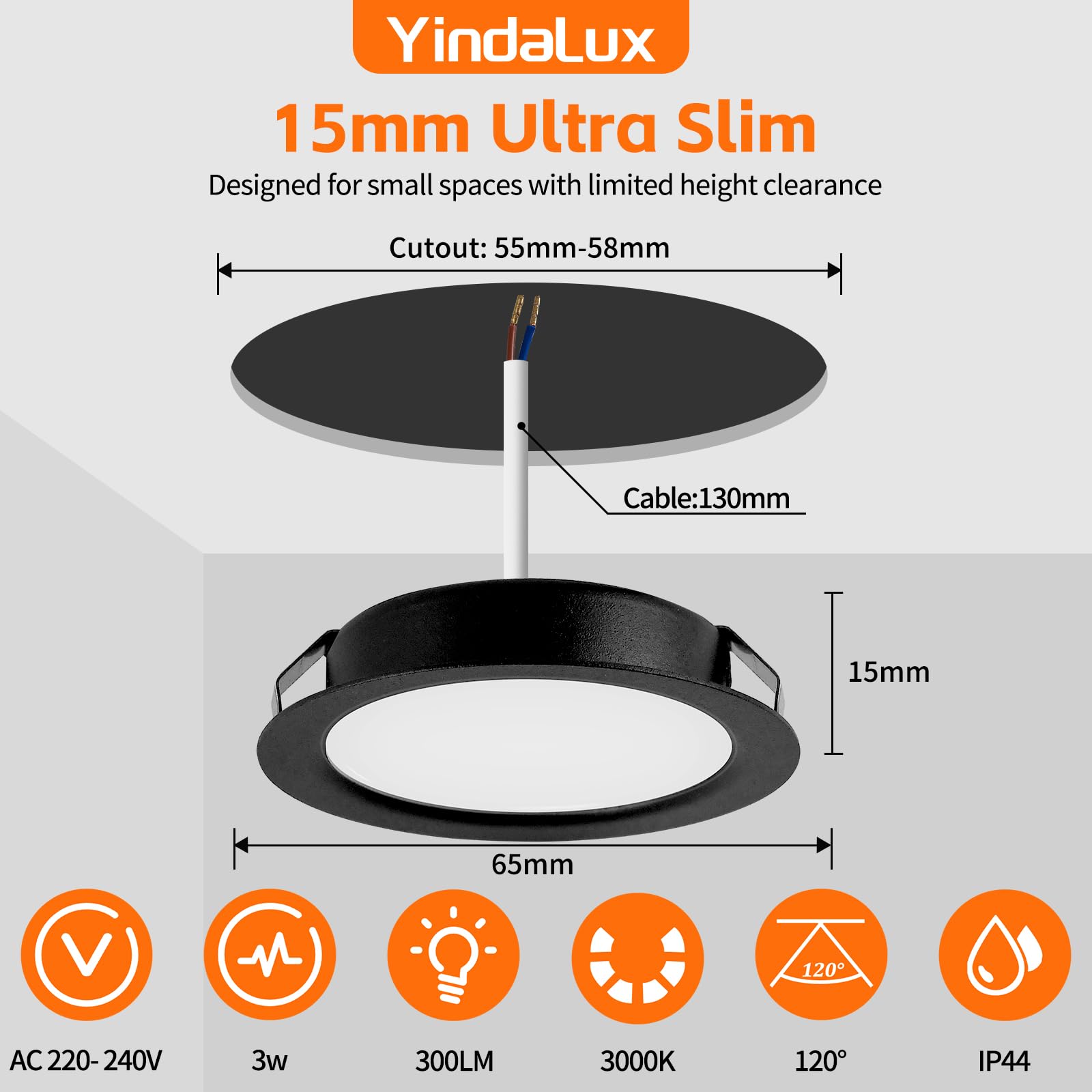 YindaLux Set di 6 Faretti LED da Incasso per Cartongesso 230V 3W 3000K Caldo, 15mm Ultra Piatti Faretti da Incasso 300LM Apertura Soffitto 55-58mm, IP44 Faretti LED Soffitto Incasso, Nero