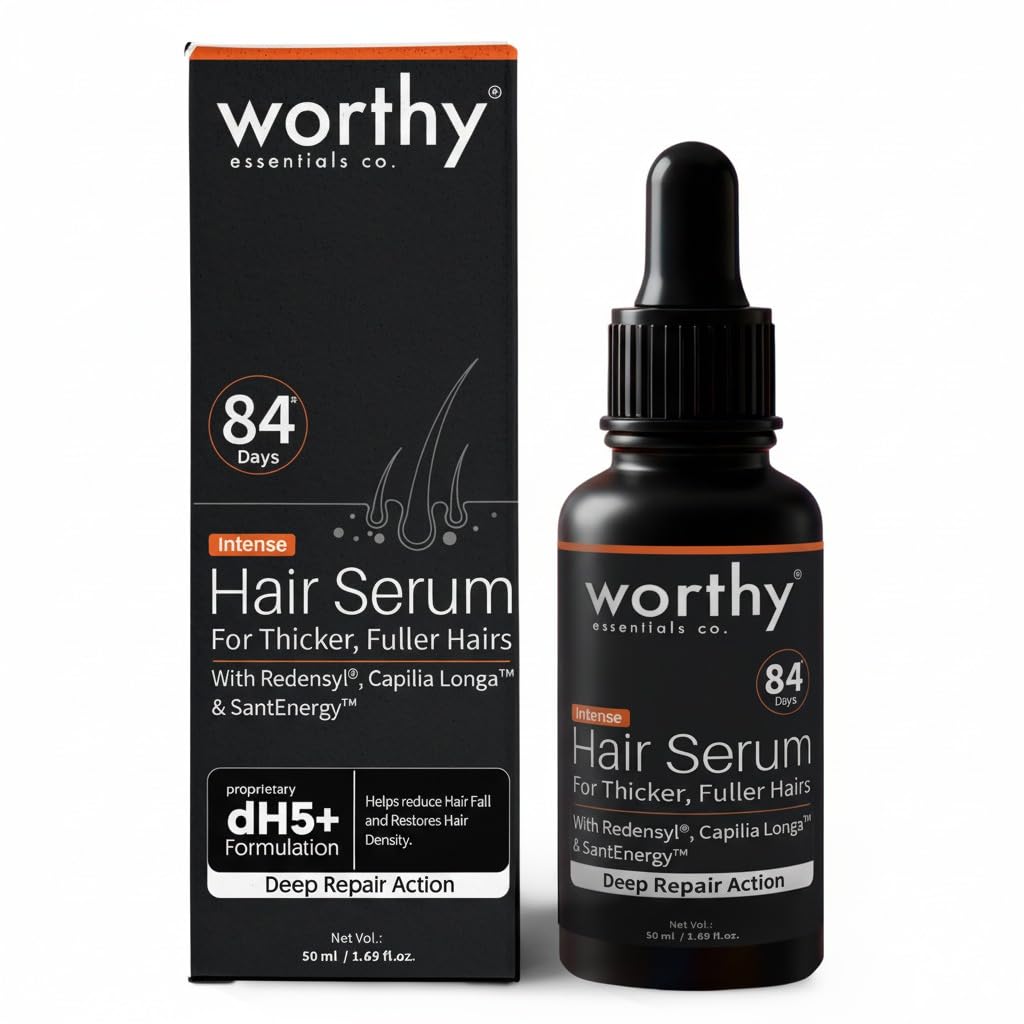 Worthy Essentials Co. 84-Days Intense Hair Growth Serum with dH5+ formula | Redensyl, Aminexil, Procapil, Saw Palmetto, Fenugreek & Keratin For Hair Growth & Fall Control | For Men & Women | 50ml
