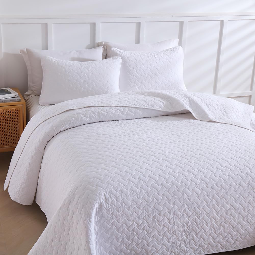 Cotton Quilt Bedding Sets Queen Size, 3 Pieces Reversible Lightweight Coverlets Comforters Bedspreads for All Seasons,Weave Stitching Pattern,White - Image 5