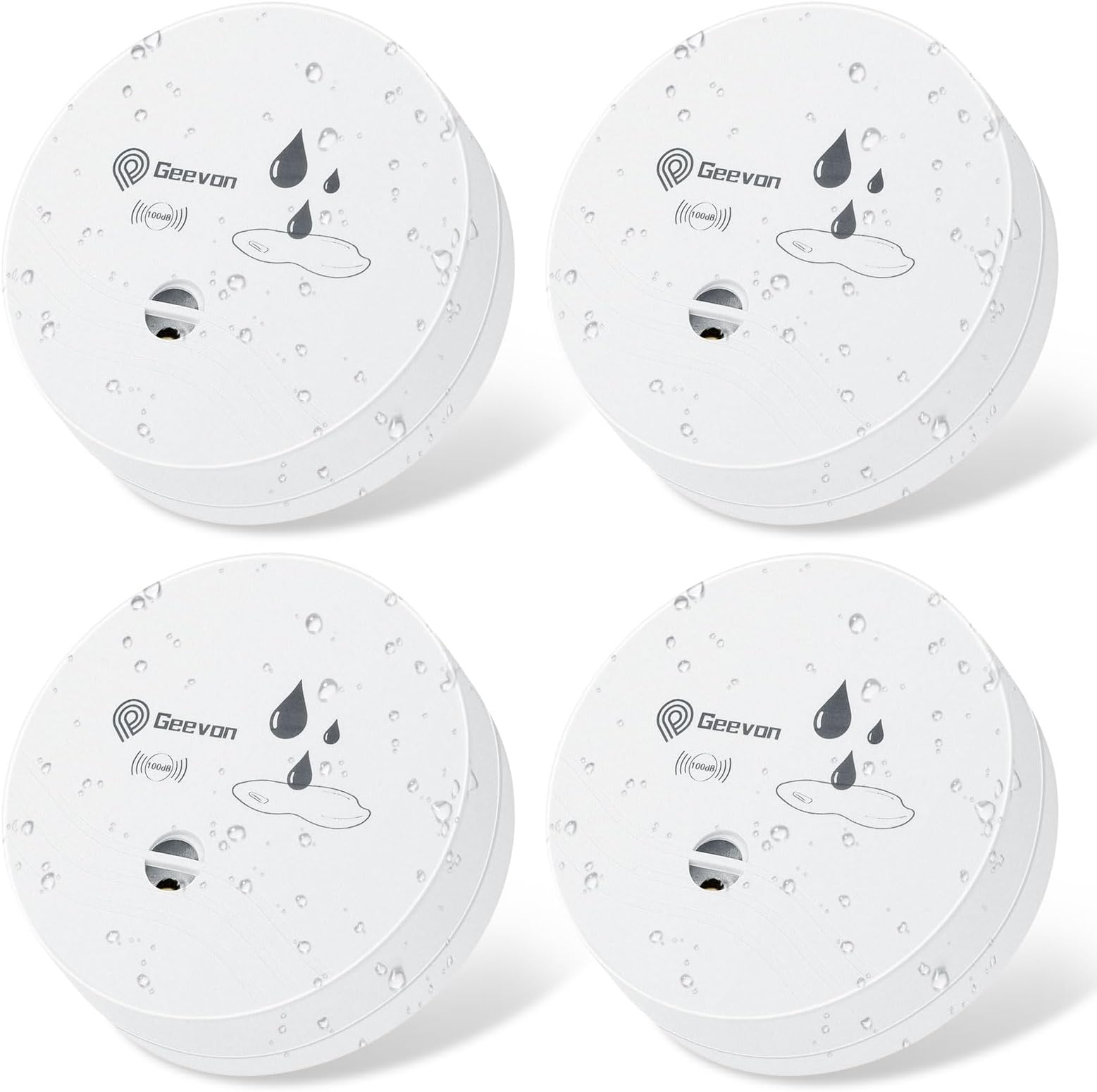 Geevon 4 Pack Water Leak Detectors, 100dB Water Sensor Alarms Flood Detector for Basements, Bathrooms, Laundry Rooms, Kitchens, Garages, and Attics, Water Alarms Battery-Operated (Battery Included)