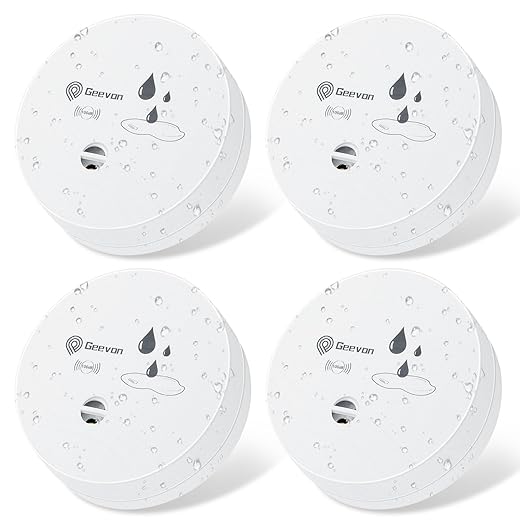 Geevon 4 Pack Water Leak Detector, 100dB Water Sensor Alarm Flood Detector for Basements, Bathrooms, Laundry Rooms, Kitchens, Garages, and Attics, Water Alarm Battery-Operated (Battery Included)