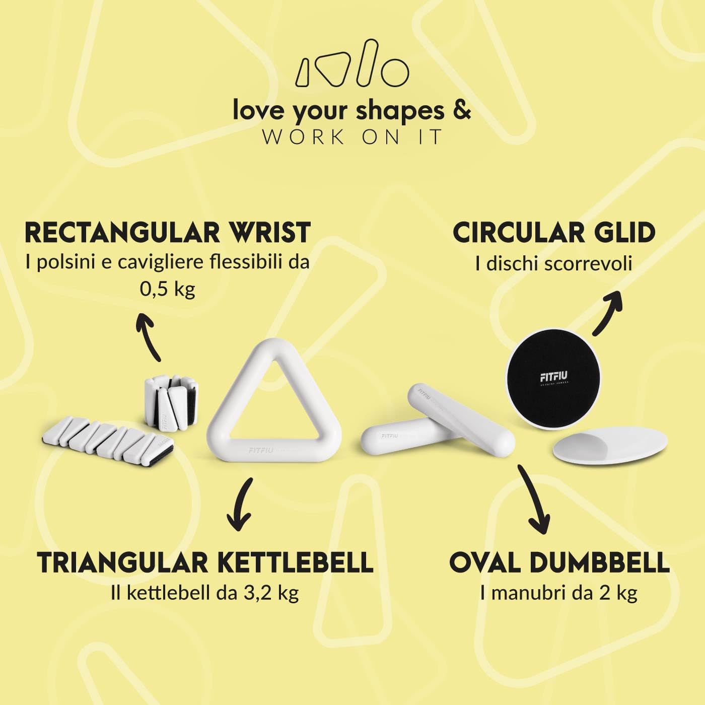 FITFIU Fitness SHAPES KIT - Confezione da 4 accessori sportivi: 1 kettlebell 2 cinghie da polso 2 manubri 2 dischi scorrevoli 1 elastico in acciaio in silicone bianco SHAPES COLLECTION di Patry Jordan