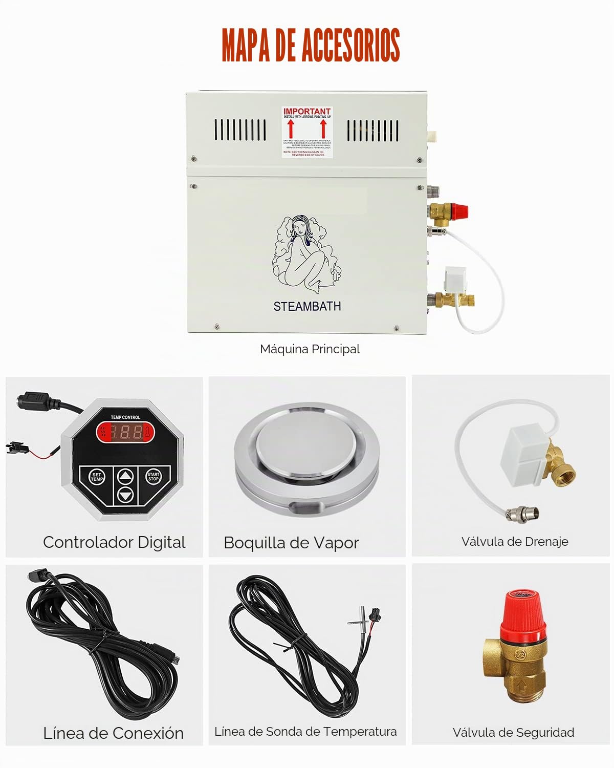 CGOLDENWALL 9KW Generador de Vapor Kit 220V Auto-Drenaje para Doméstico Comercial, Apto para Sauna/Ducha/Baño/SPA, con Controlador Digital- Calentamiento automático 35-55℃ para Espacio de 8.5m³