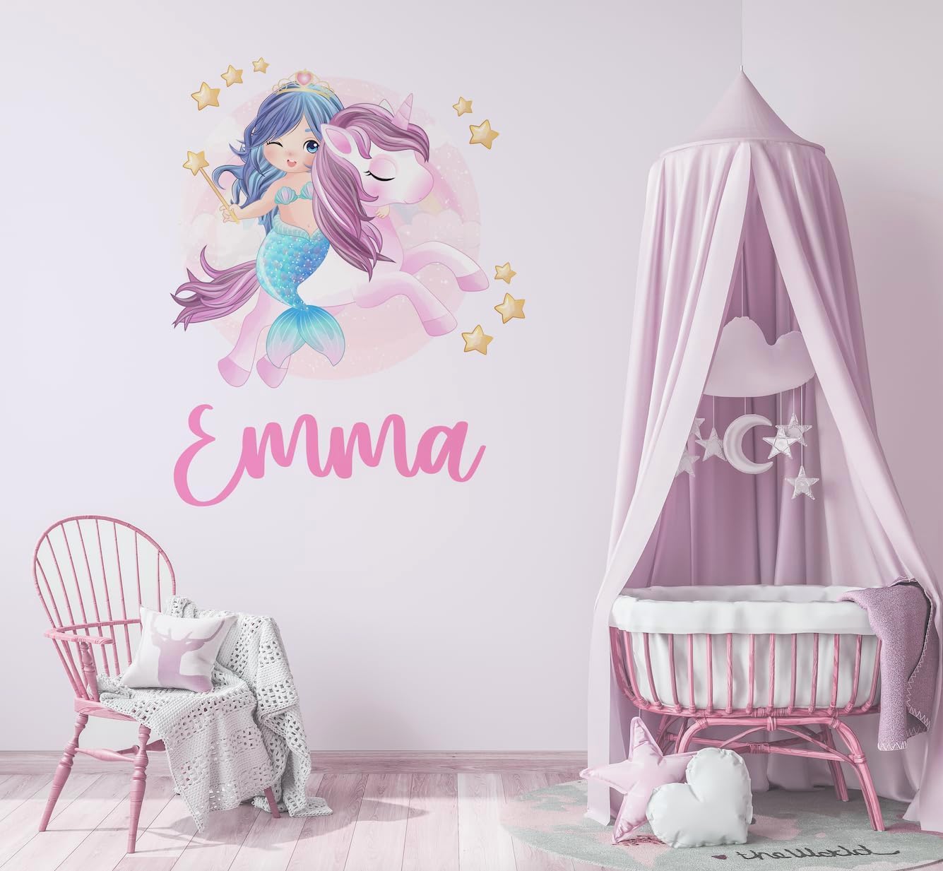 Name Unicorn & Mermaid Wall Decal for Girls Nursery - Stars Room Decor Art - Pastel Stickers for Classroom Bedroom