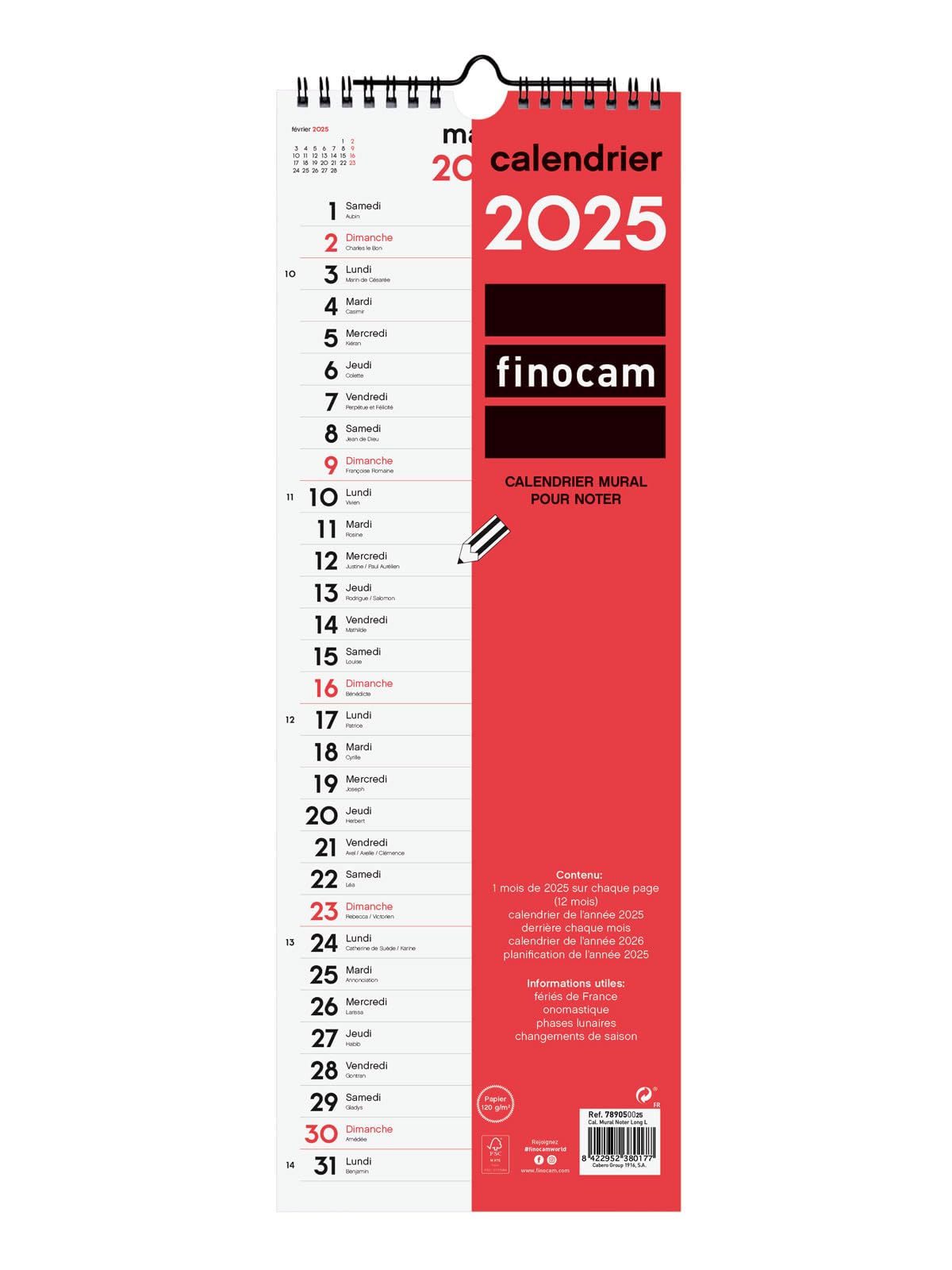 Finocam – Neutral Wall Calendar to Write 2025 1 Month Per Page January 2025 – December 2025 (12 Months) French