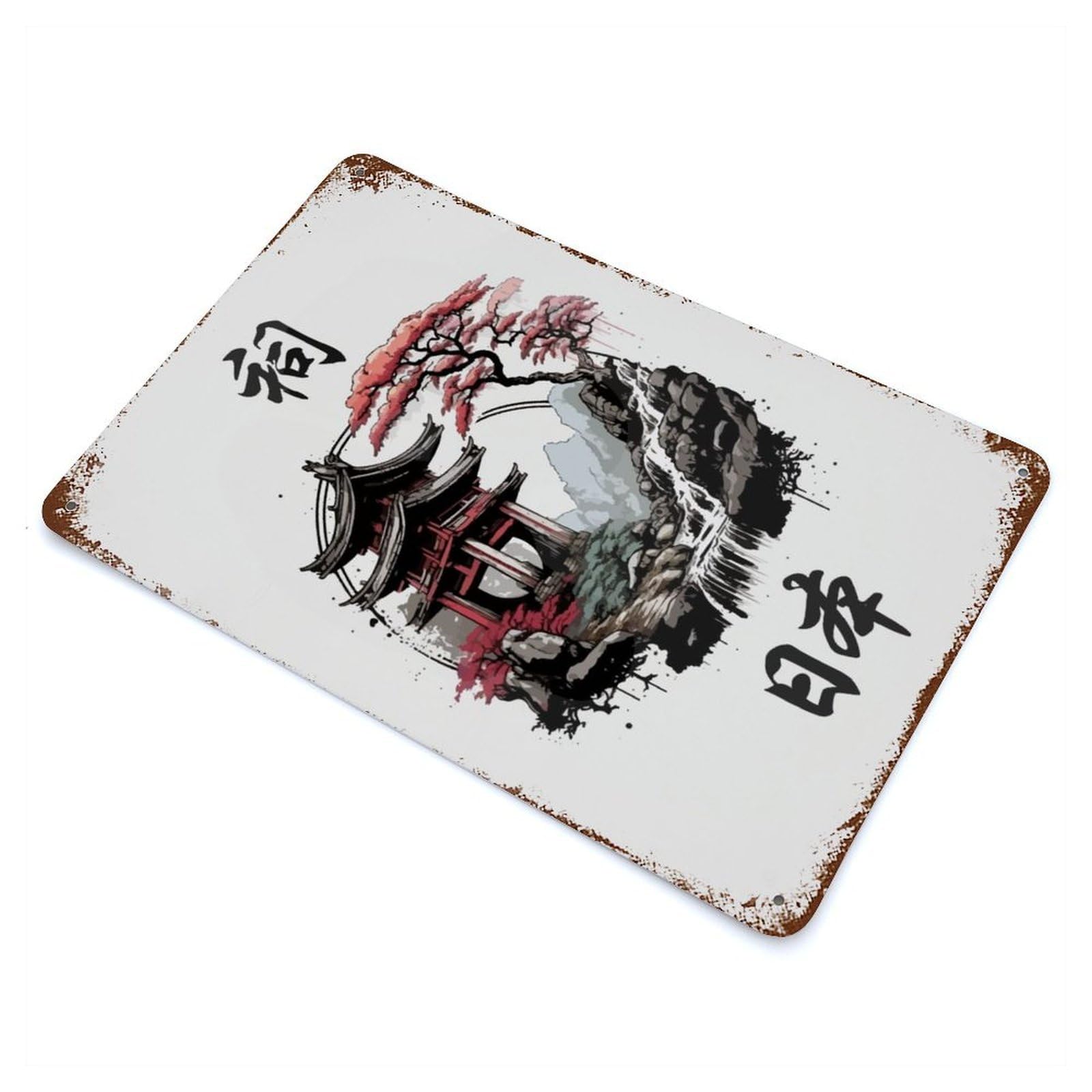Japan Landscape Weathered Tin Sign 11.8"x7.9", Rustic Home Decor for Office, Studio And Wall Decor