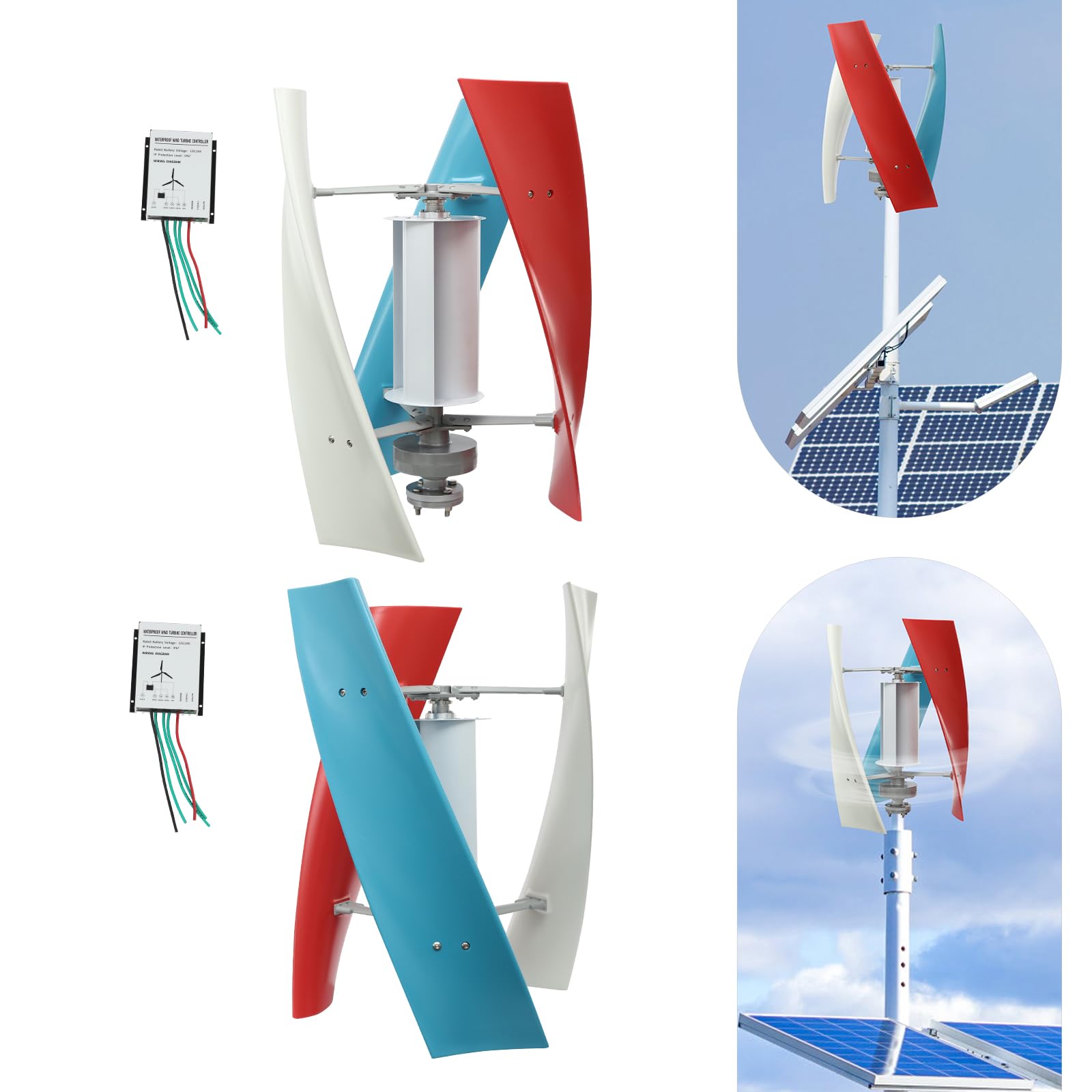 Turbina wiatrowa 12 V 100 W z 4 kolorowymi łopatkami, prędkość wiatru rozruchowego 2,5 m/8,2 ft/s, stabilizacja IP67, generator wiatrowy do użytku domowego, komercyjnego i przemysłowego
