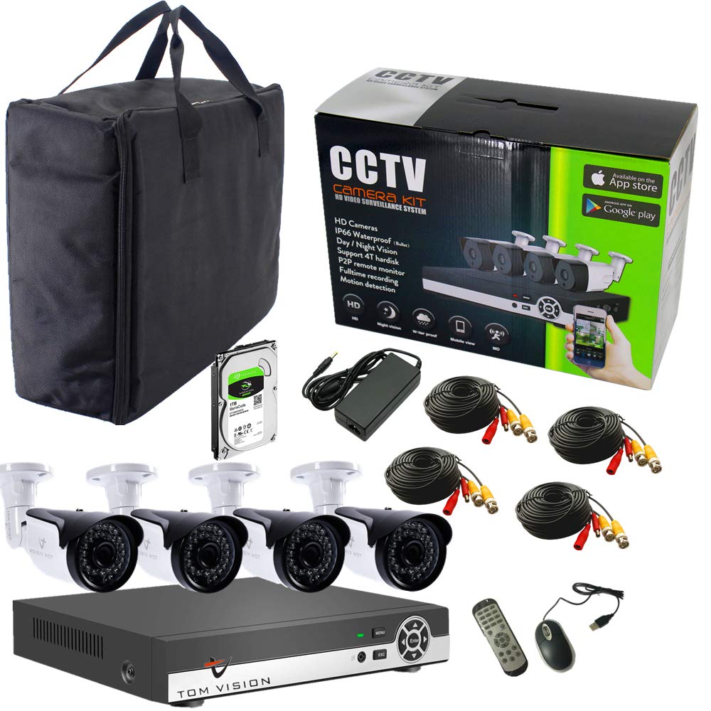 Tomvision Portable Type 4Channel Outdoor Bullet DVR Full HD Camera with 1TB HDD installed Night Vision Waterproof CCTV Security Alarm System P2P Surveillance 1080P/2.0MP Kit