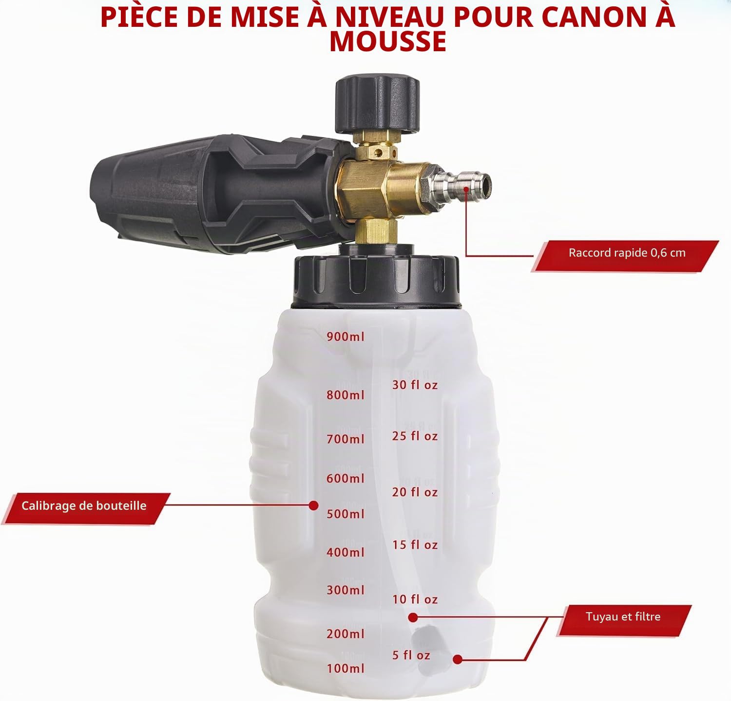Tool Daily Canon à Mousse, Raccord Rapide 1/4" (6.35 mm), Lance à Mousse pour Nettoyeur Haute Pression avec 5 Buses, Capacité 1 Litre