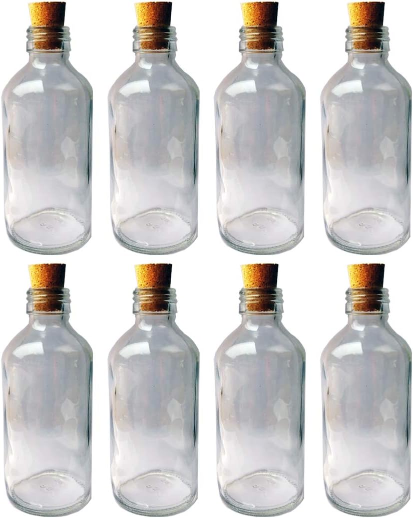 GIFTBASH Premium Round Shape Glass Bottles (Tchr) with Cork Lid and Metal Lid, Set of 8Pcs, 200ml Each, Transparent | Can Store Oils | vinegars | Sanitizers | Air Tight | Multipurpose Bottles