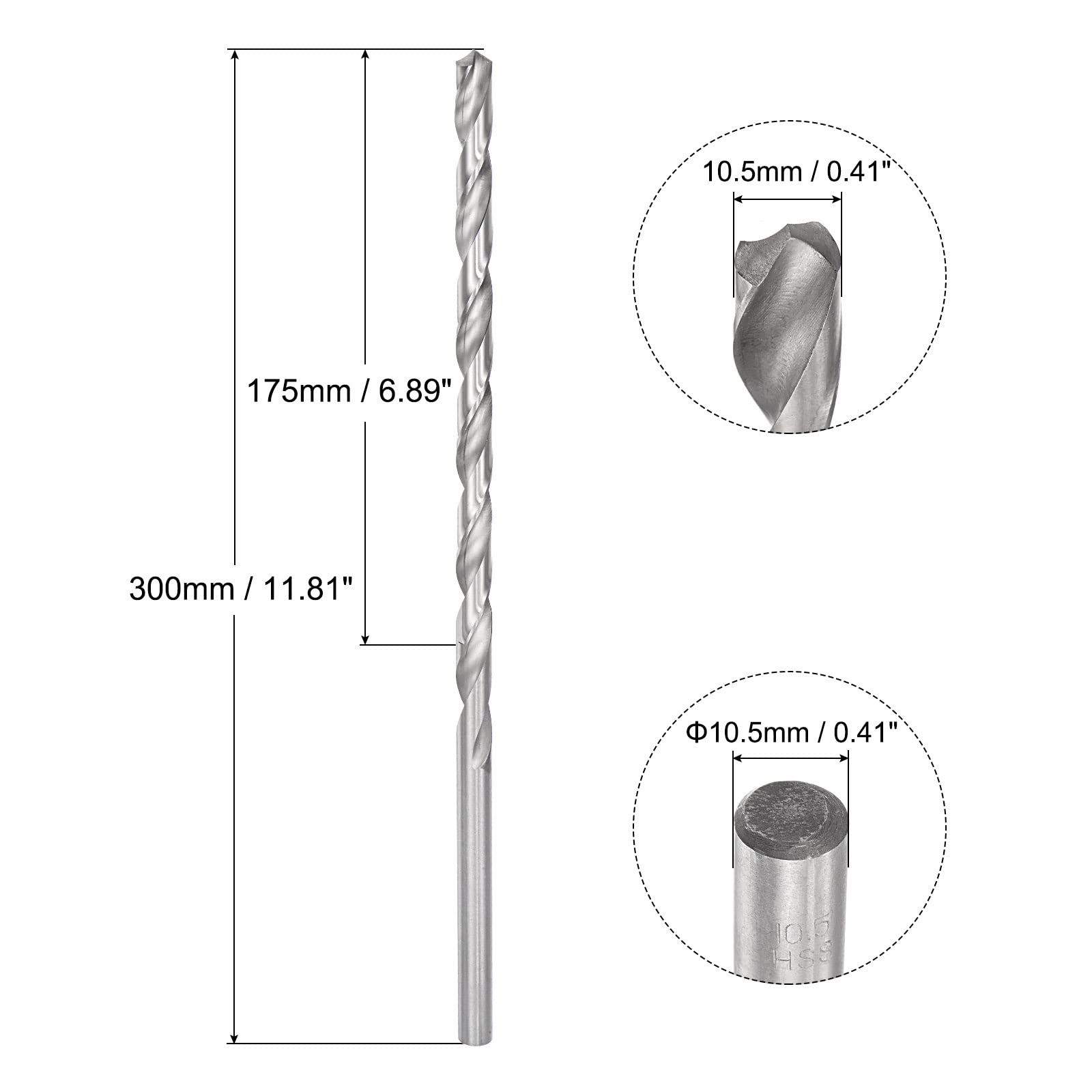 sourcing map Foret hélicoïdal Perceuse Pointe, Haute Vitesse Acier Extra Long Foret 10,5x300mm
